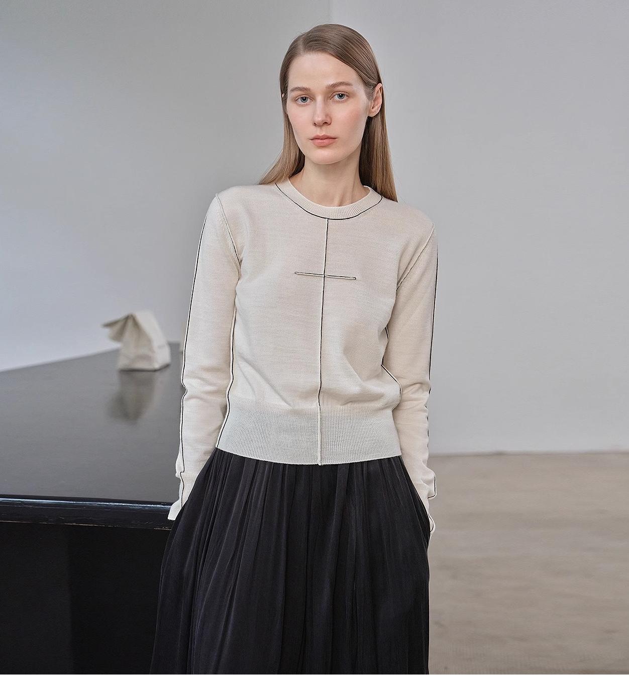 “Imbell"Imported Yangtze 30NM Contrast Stitch Wool Knit Skin-Friendly Short Top