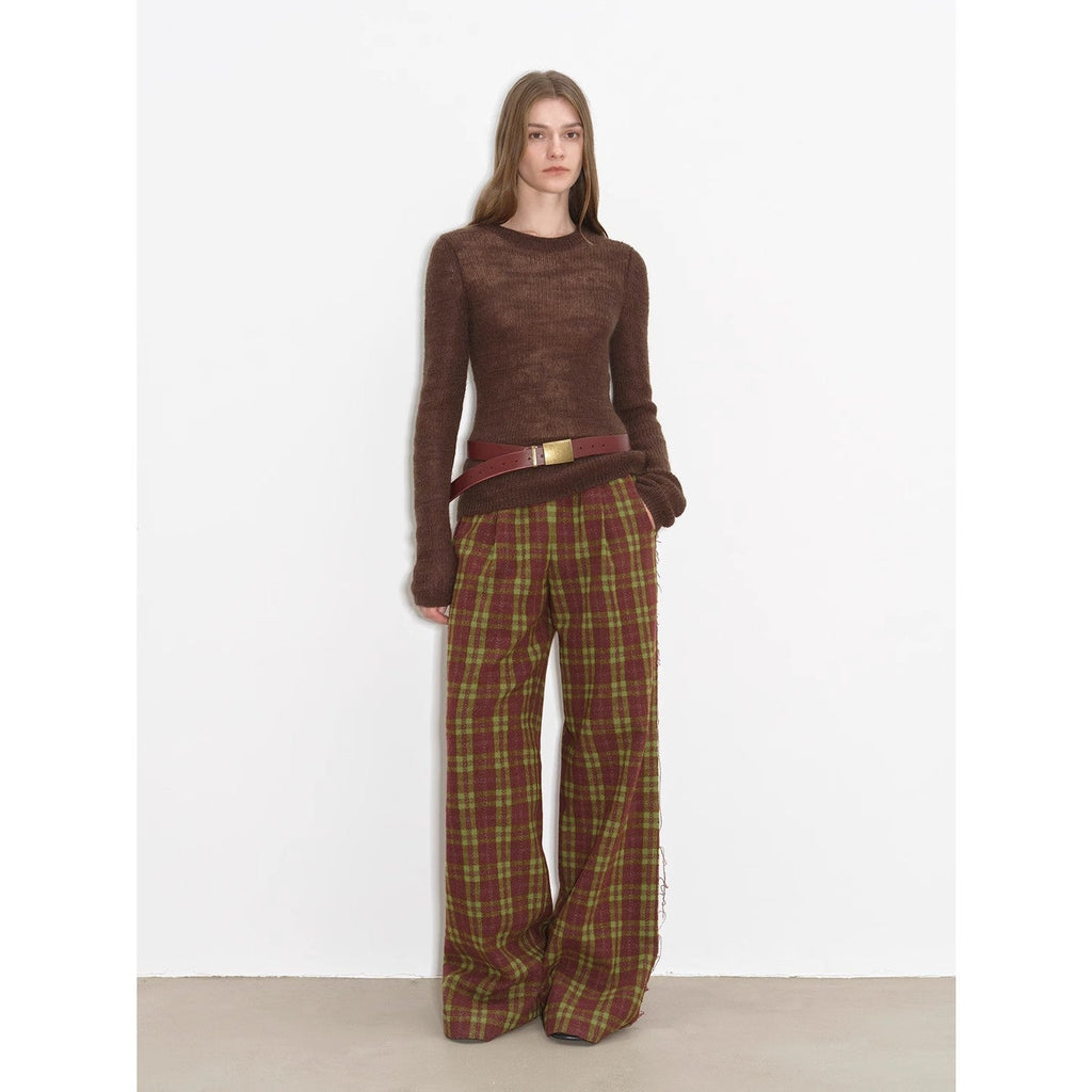 "Lazy Day Essential" Textured Mohair Blend Round Neck Stretch Knit Base Layer for Fall/Winter Women-0