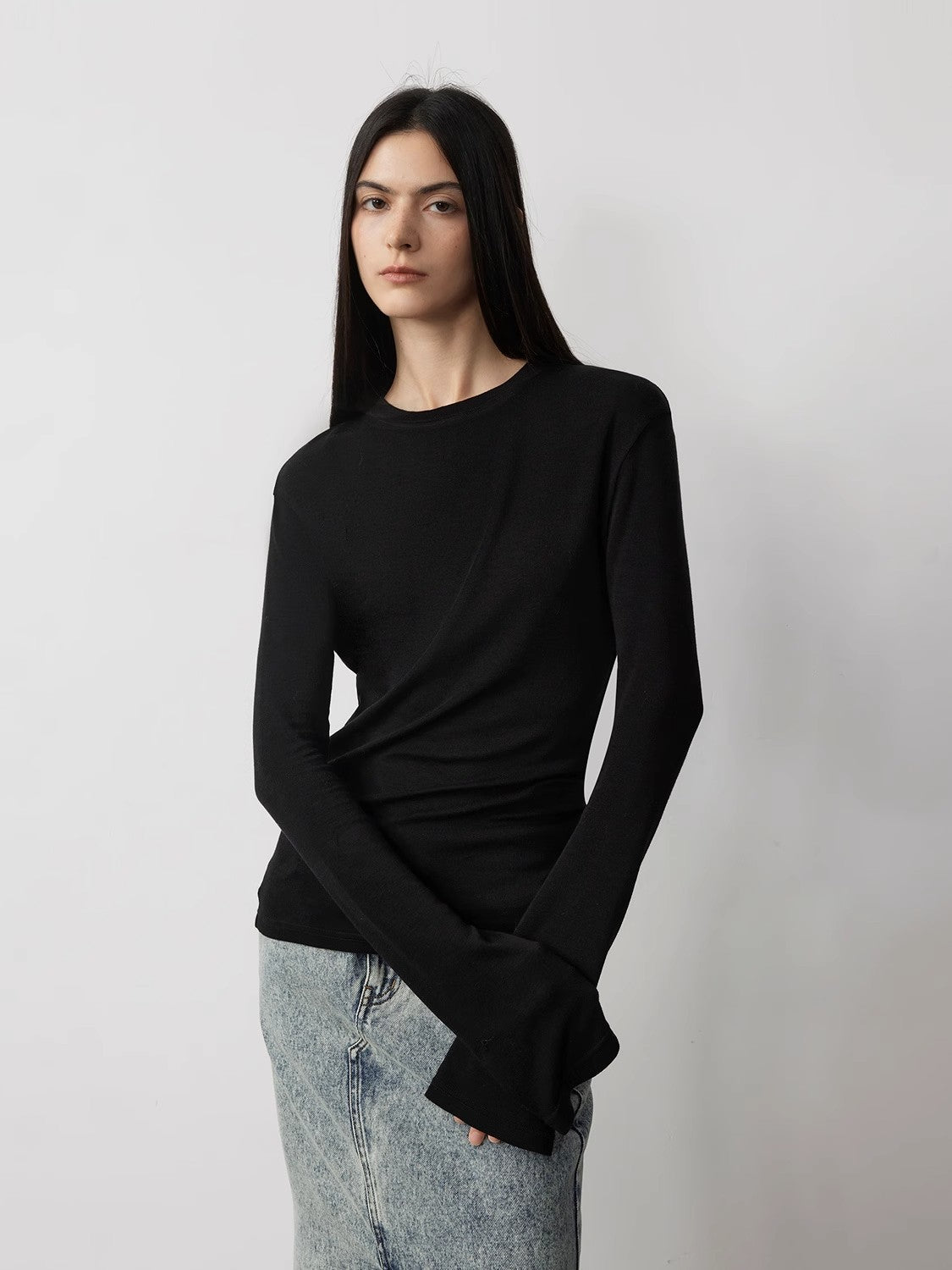 Lyocell wool stretch comfortable breathable fit minimalist solid color long-sleeved T-shirt