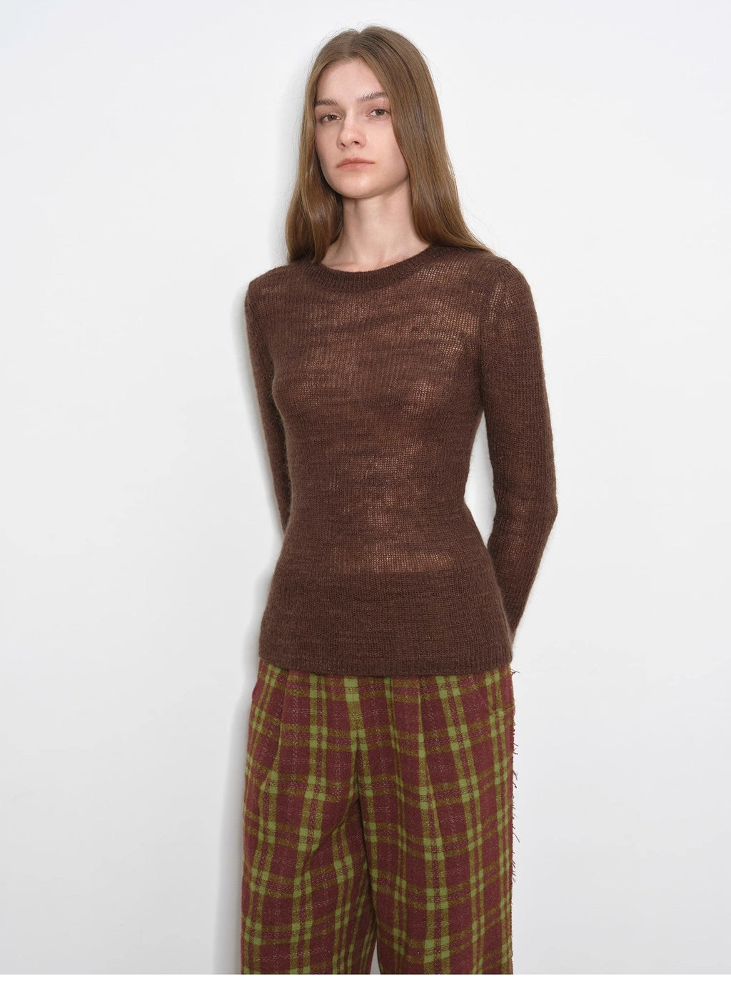 "Lazy Day Essential" Textured Mohair Blend Round Neck Stretch Knit Base Layer for Fall/Winter Women-4