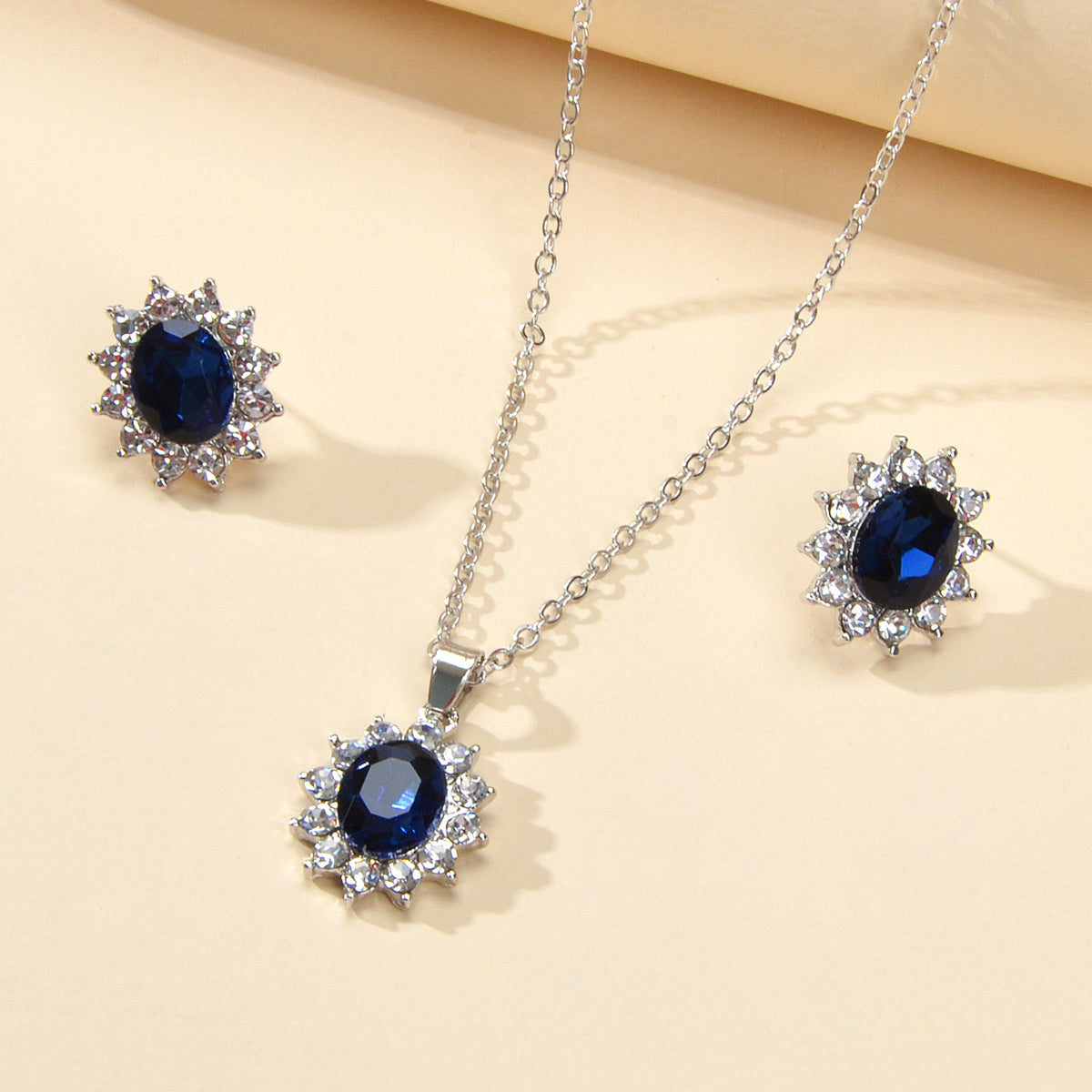 Anniversary Wedding Jewelry Blue Simulated Gemstone Charm Necklace Stud Earrings-0