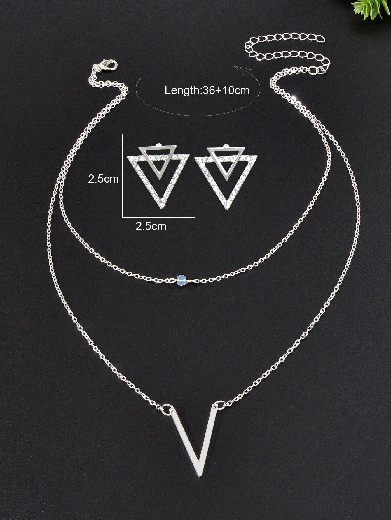 Silver V Pendant Necklace with Triangle Earrings Jewelry Set-1