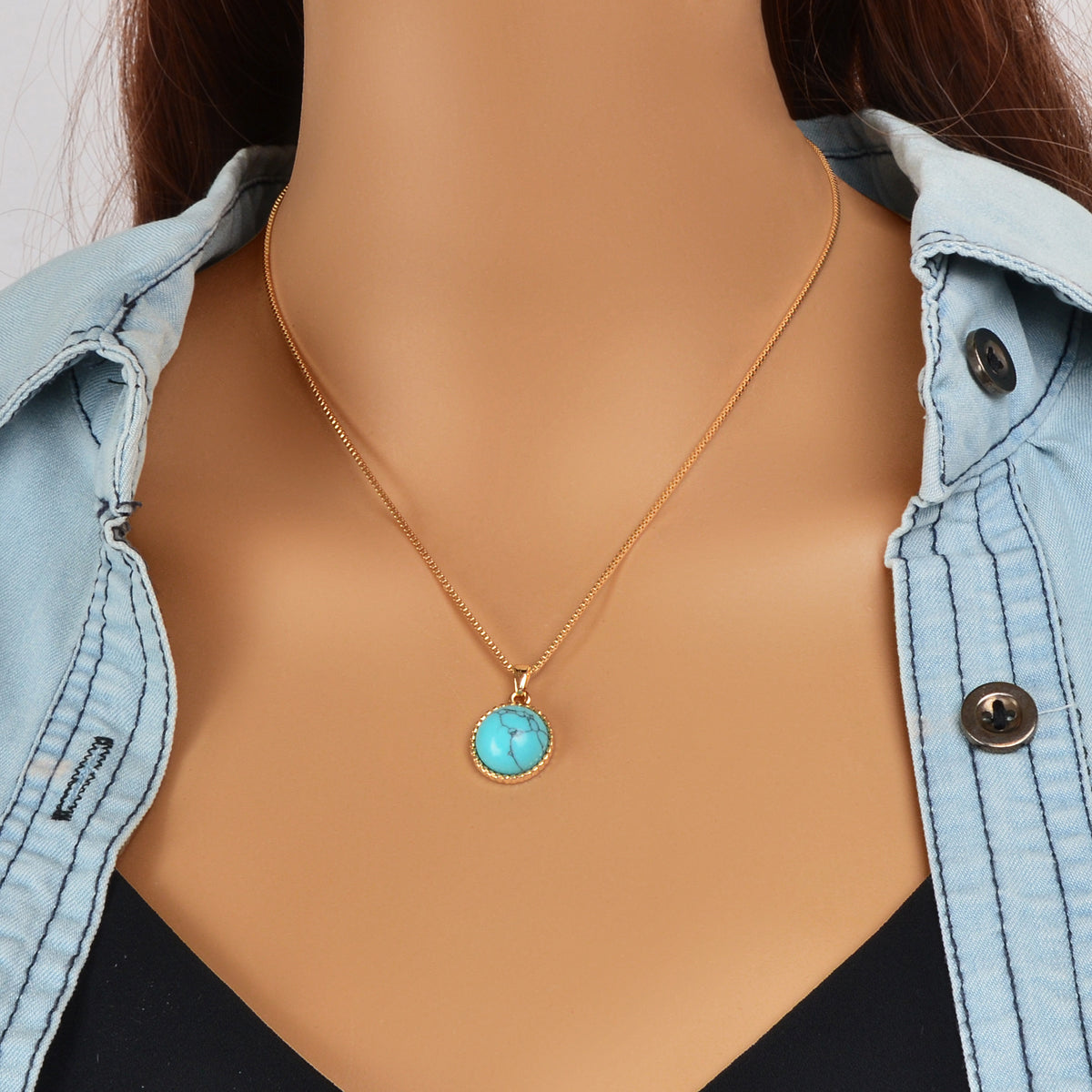 Bohemian Jewelry Gold Chain Round Turquoise Pendant Necklace Ethnic Accessories-0