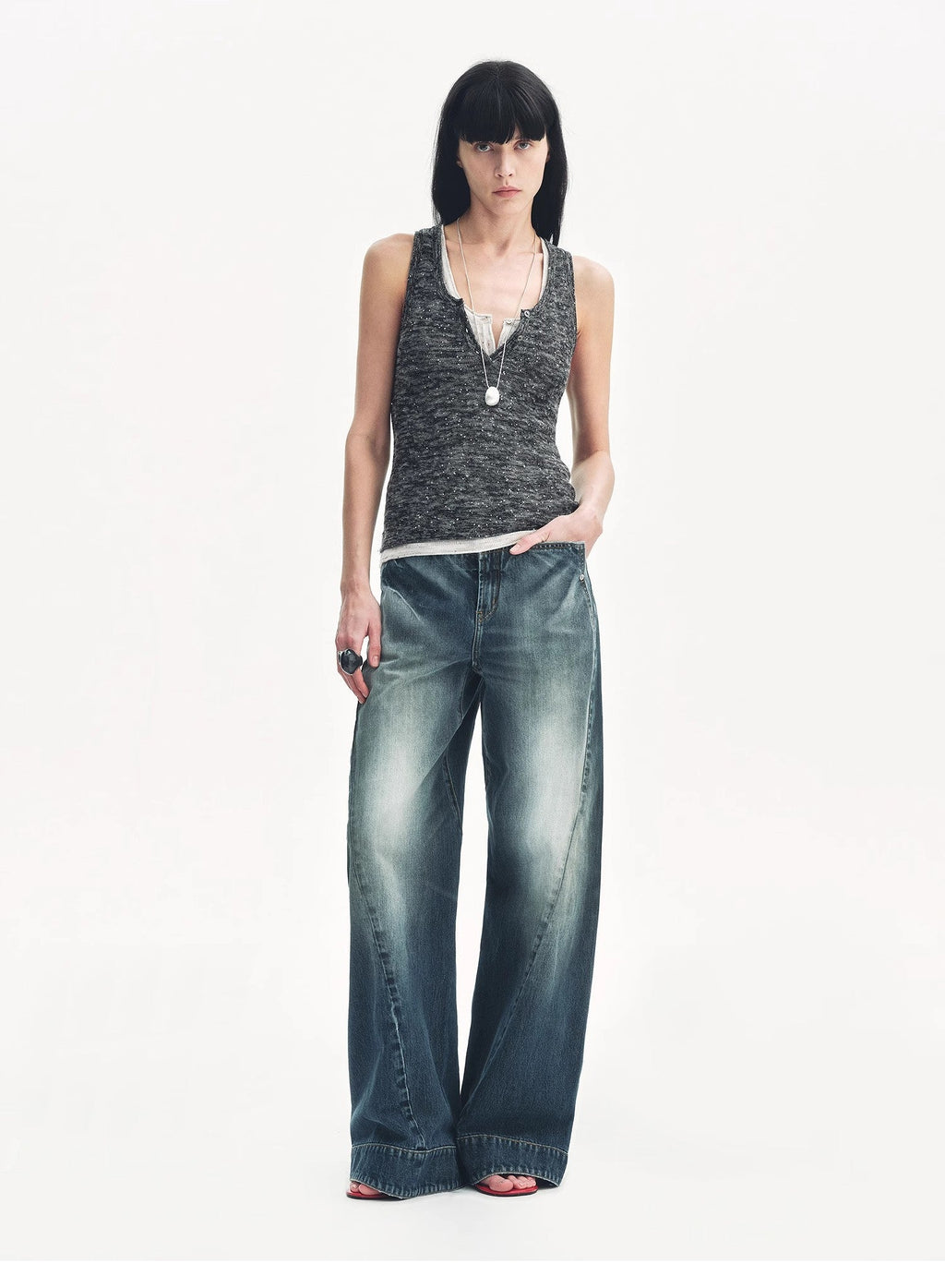 Cotton and Linen Blended Henley Collar Beaded Vest Summer"Summer Night Starry Sky"-0