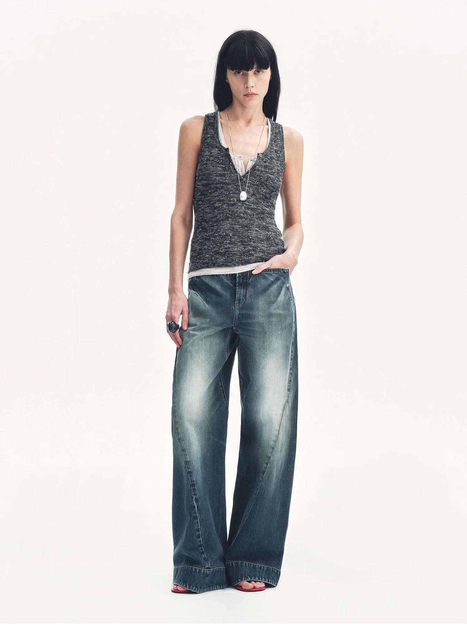 Cotton and Linen Blended Henley Collar Beaded Vest Summer"Summer Night Starry Sky"-0