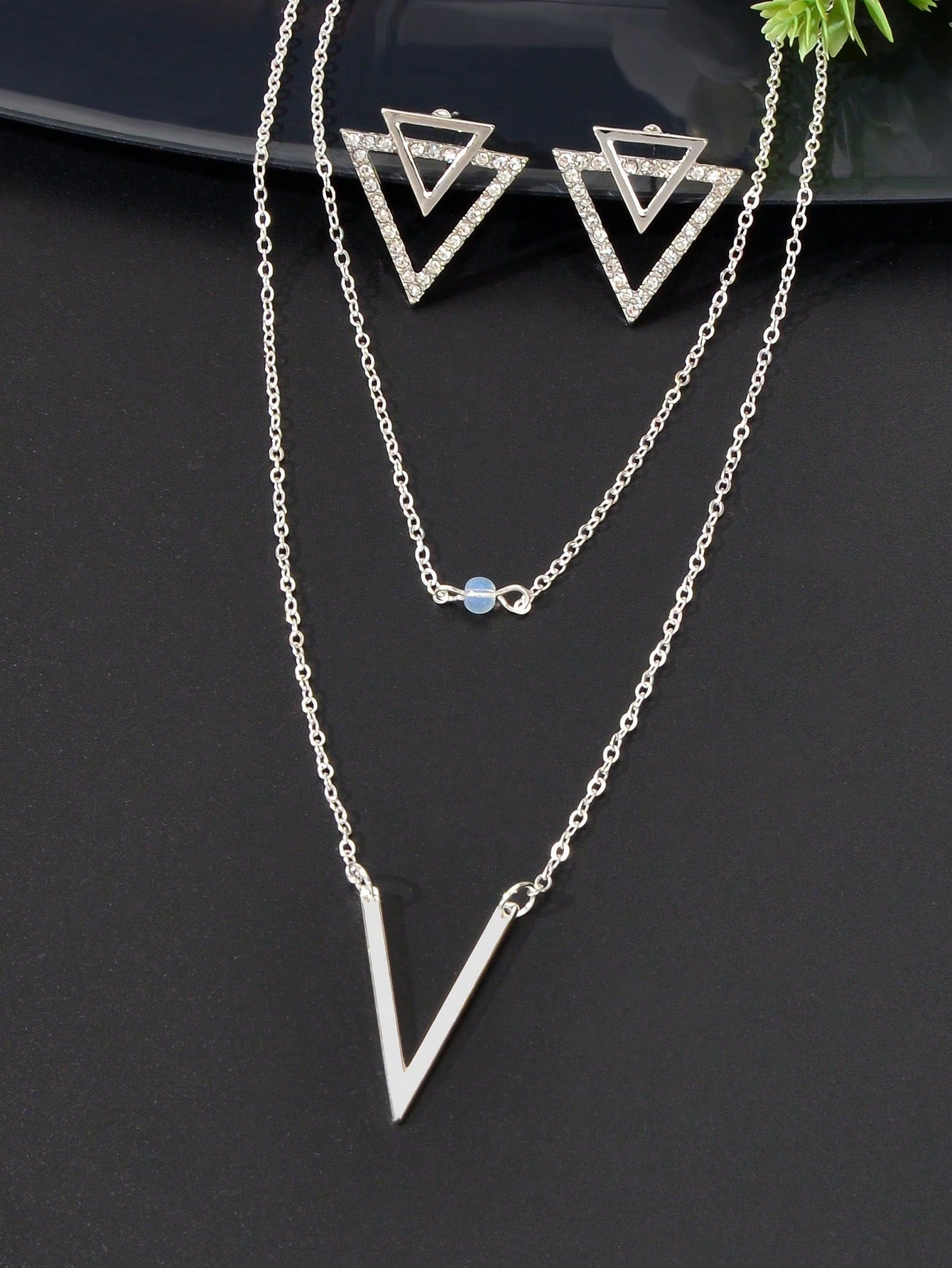 Silver V Pendant Necklace with Triangle Earrings Jewelry Set-2