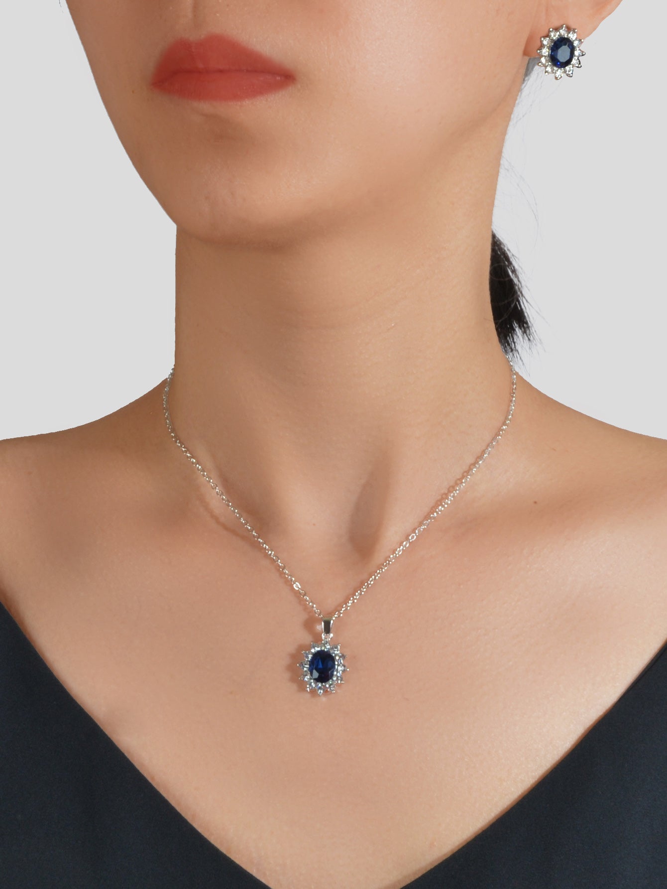 Anniversary Wedding Jewelry Blue Simulated Gemstone Charm Necklace Stud Earrings-2