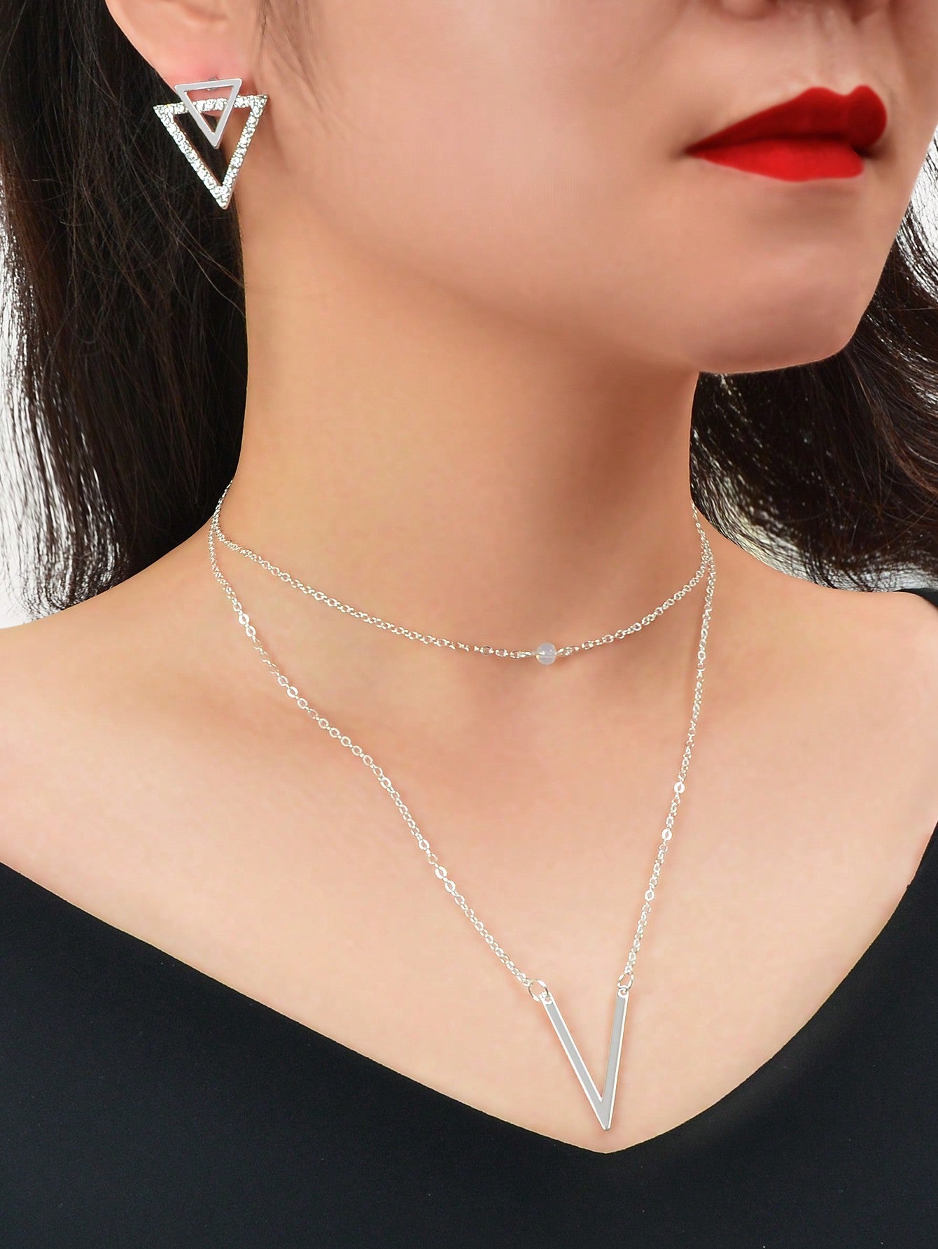 Silver V Pendant Necklace with Triangle Earrings Jewelry Set-3