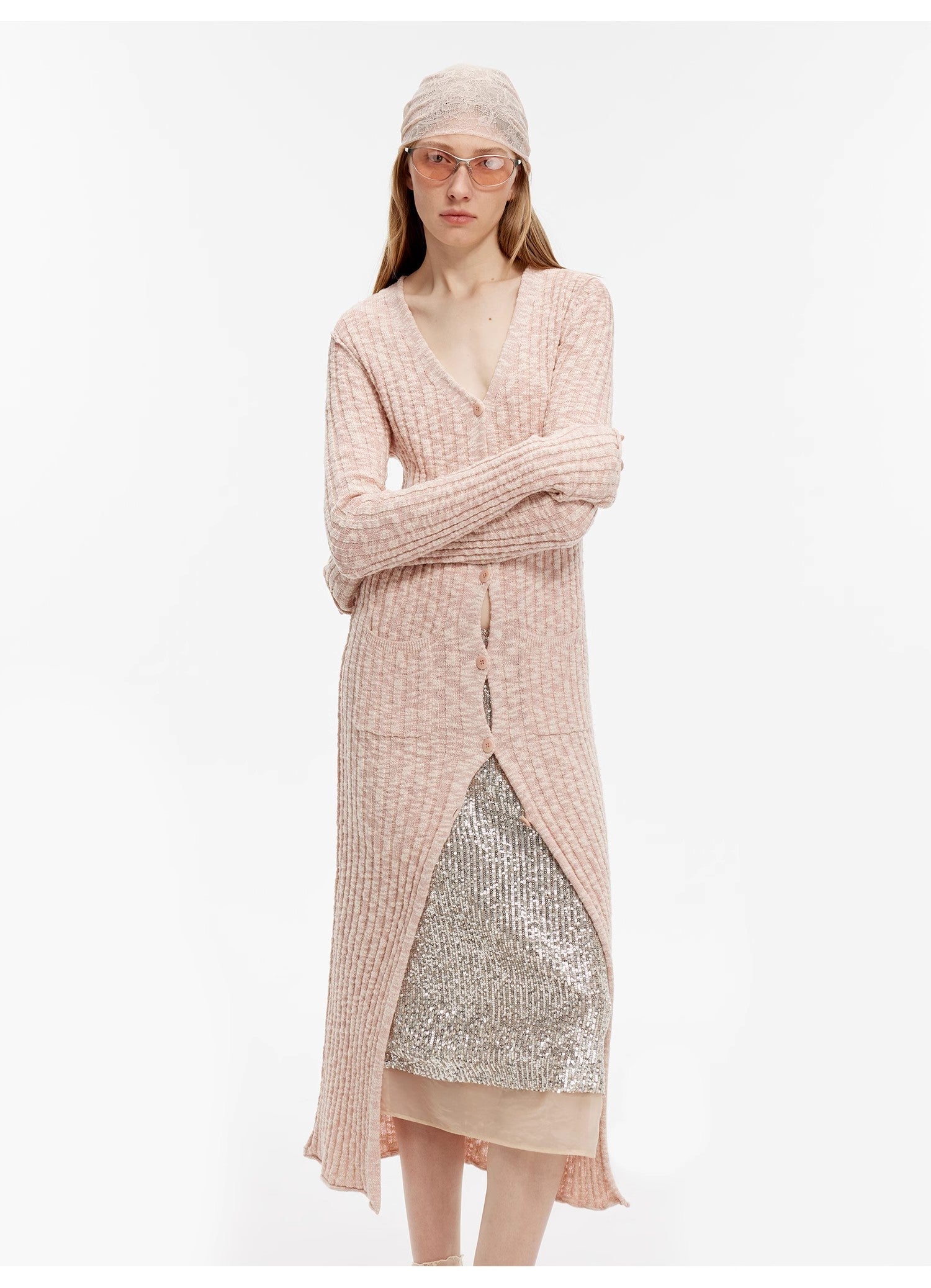 High-end custom cotton and linen fancy yarn V-neck straight long knitted cardigan "Soft Spring Formula"