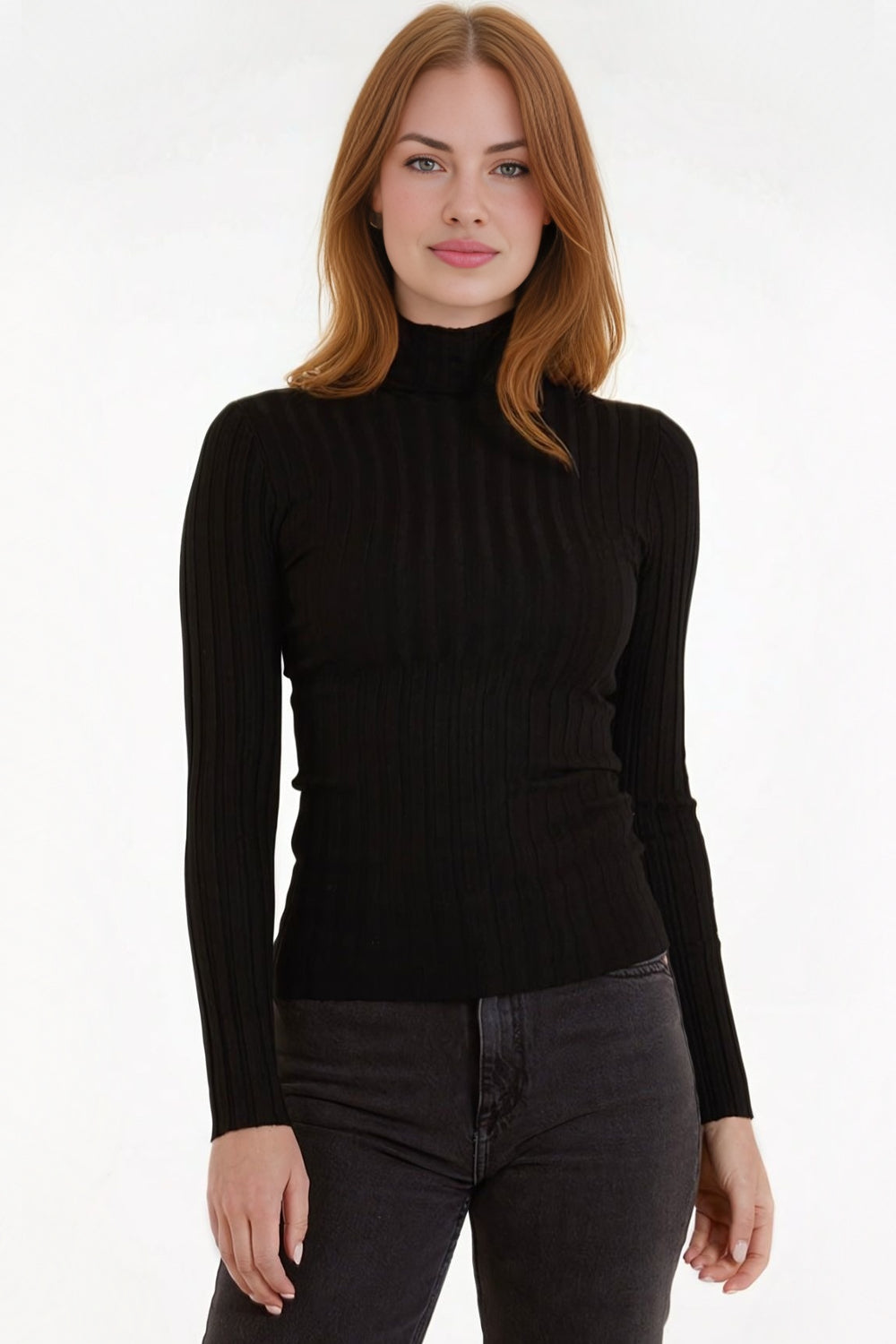 Black Ribbed Roll Neck Jumper-0