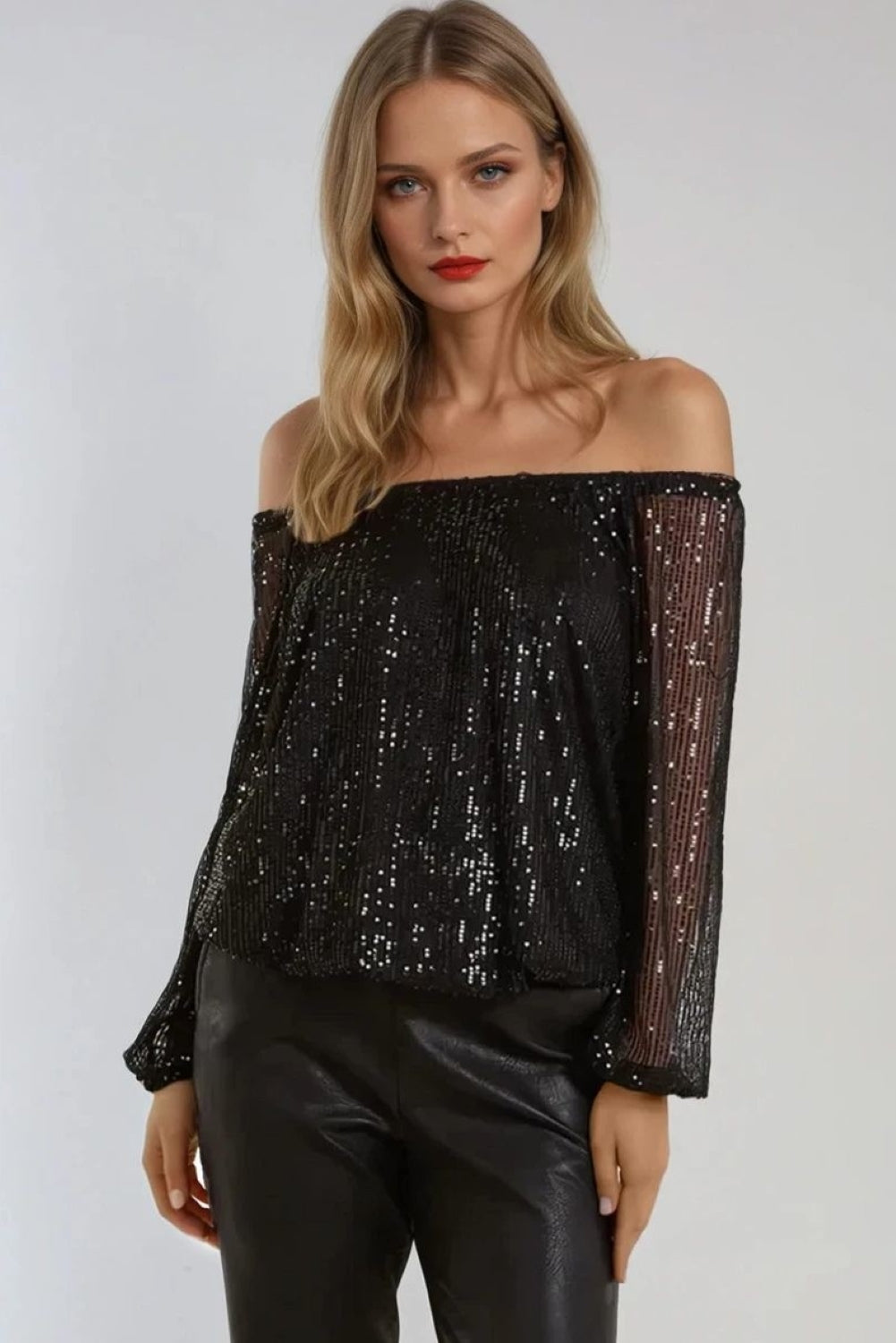 Black Sequin Long Sleeve Bardot Top-0