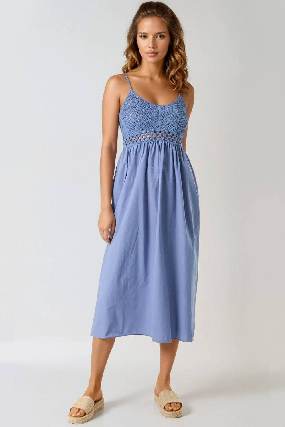 Blue Crochet Cami Midi Dress-0