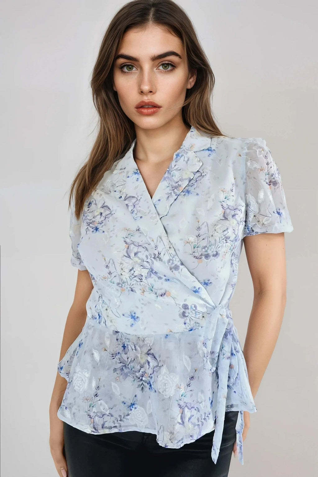 Blue Floral Wrap Blouse with Short Balloon Sleeves-0