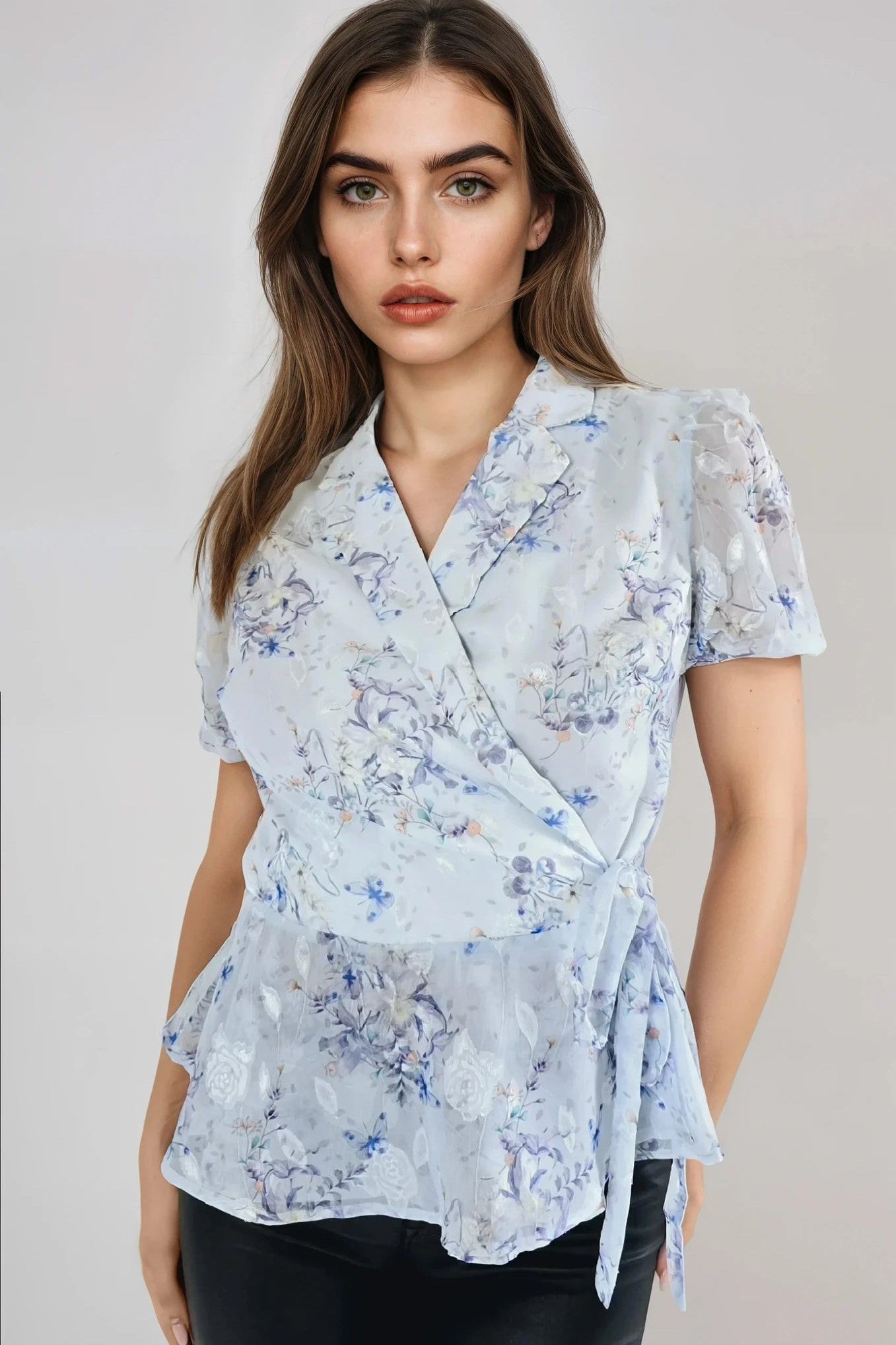 Blue Floral Wrap Blouse with Short Balloon Sleeves-0