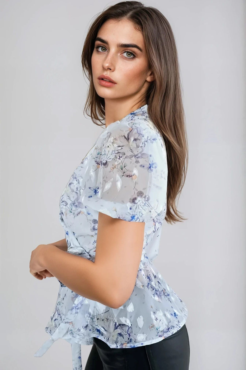 Blue Floral Wrap Blouse with Short Balloon Sleeves-1