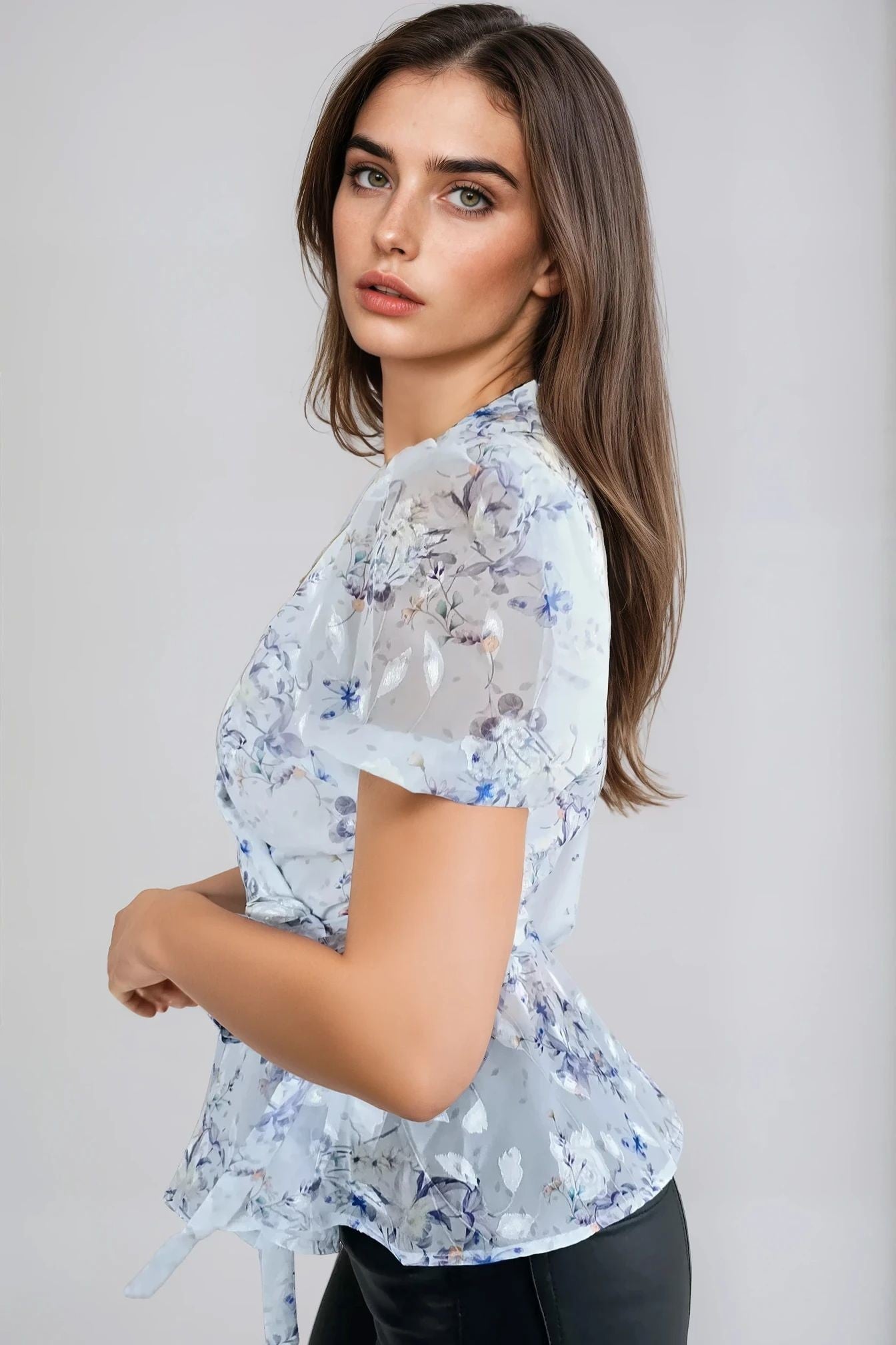 Blue Floral Wrap Blouse with Short Balloon Sleeves-1