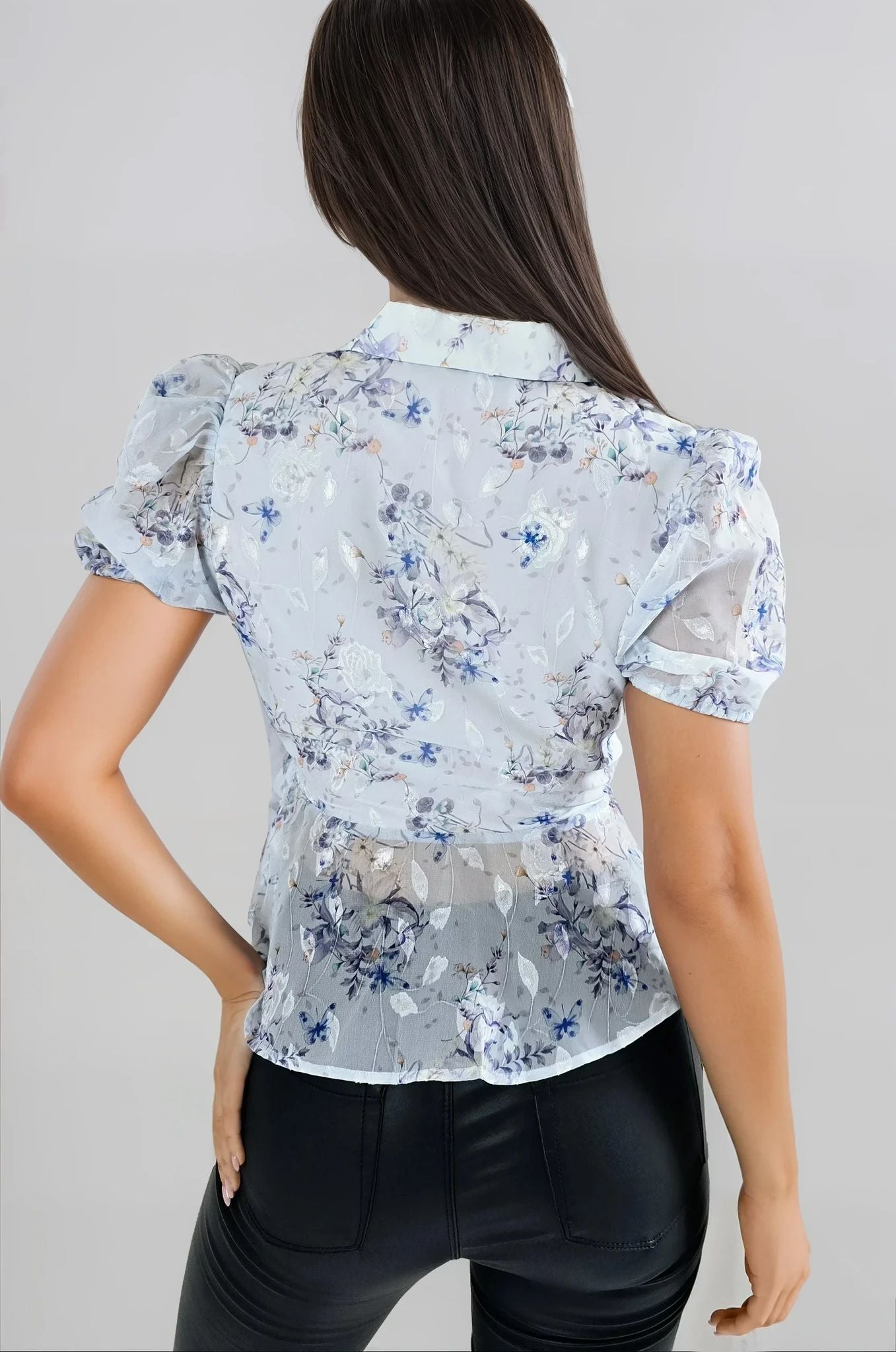 Blue Floral Wrap Blouse with Short Balloon Sleeves-2