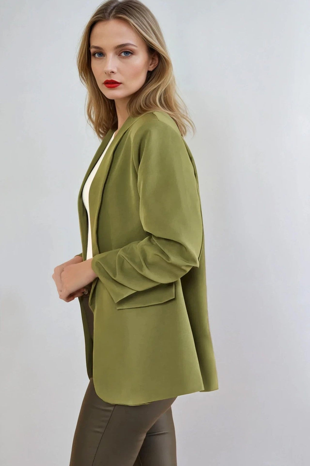 Khaki Blazer with Ruched Sleeves-1