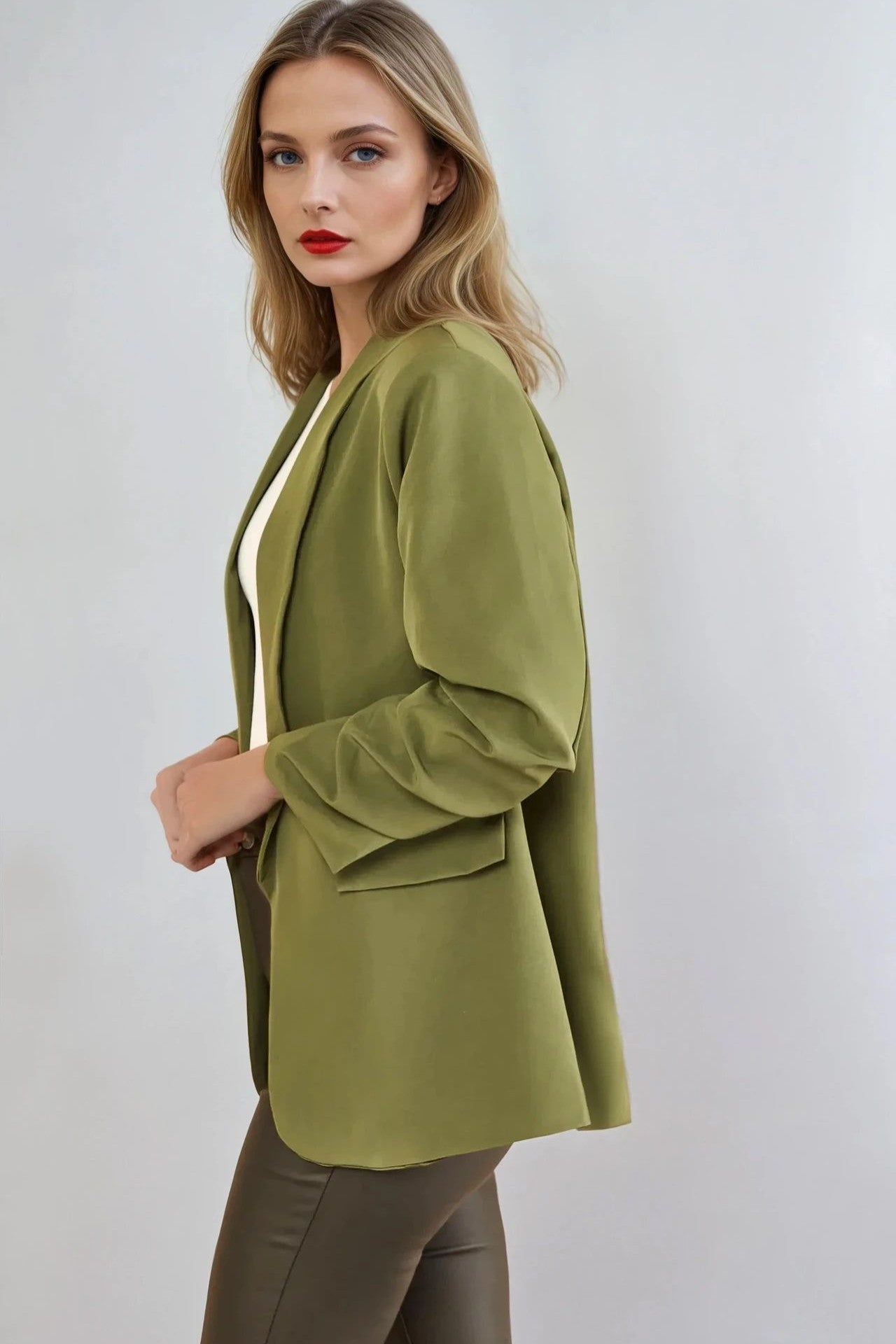 Khaki Blazer with Ruched Sleeves-1