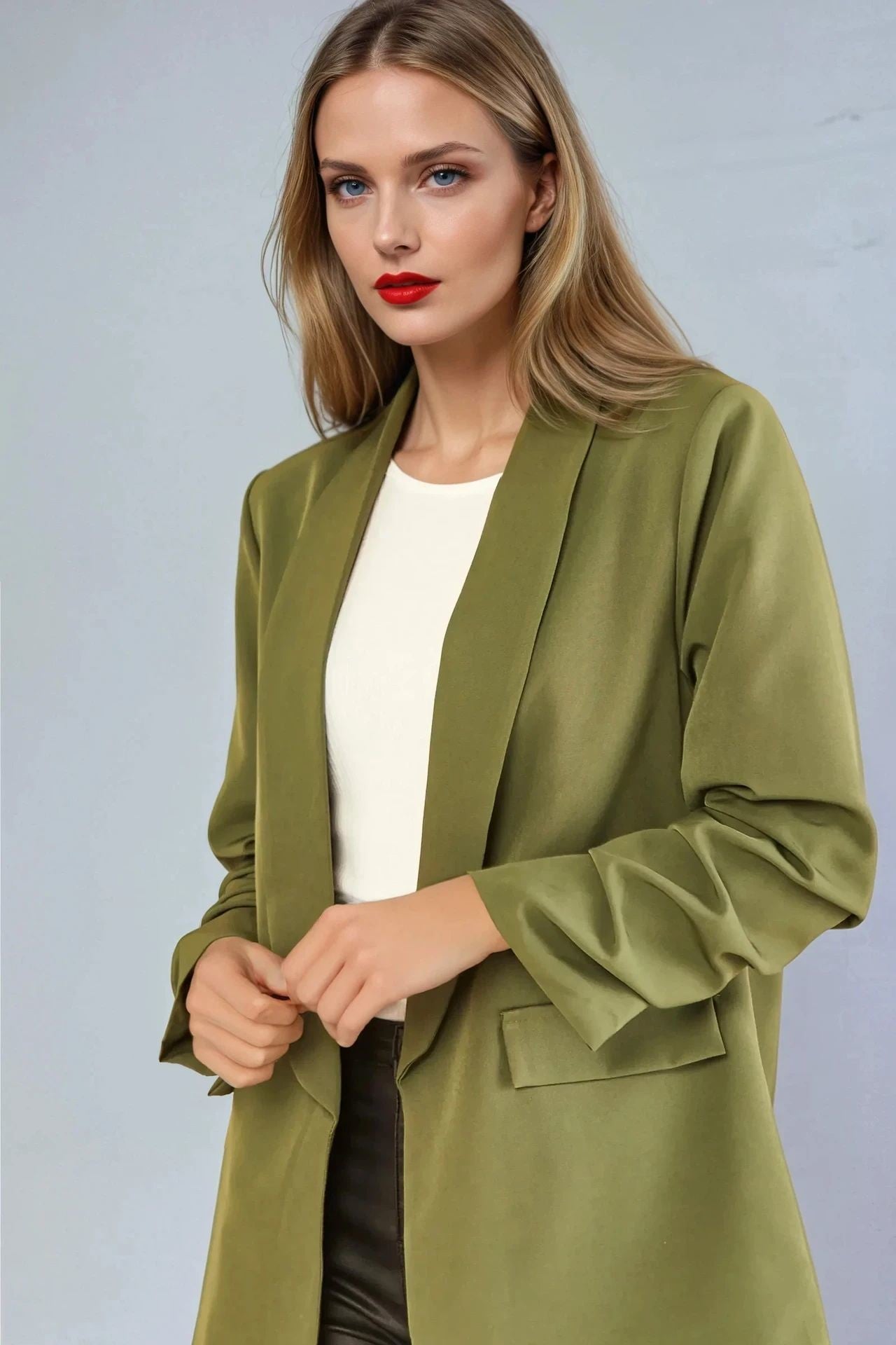 Khaki Blazer with Ruched Sleeves-2