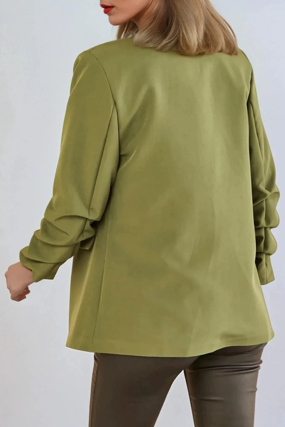 Khaki Blazer with Ruched Sleeves-3