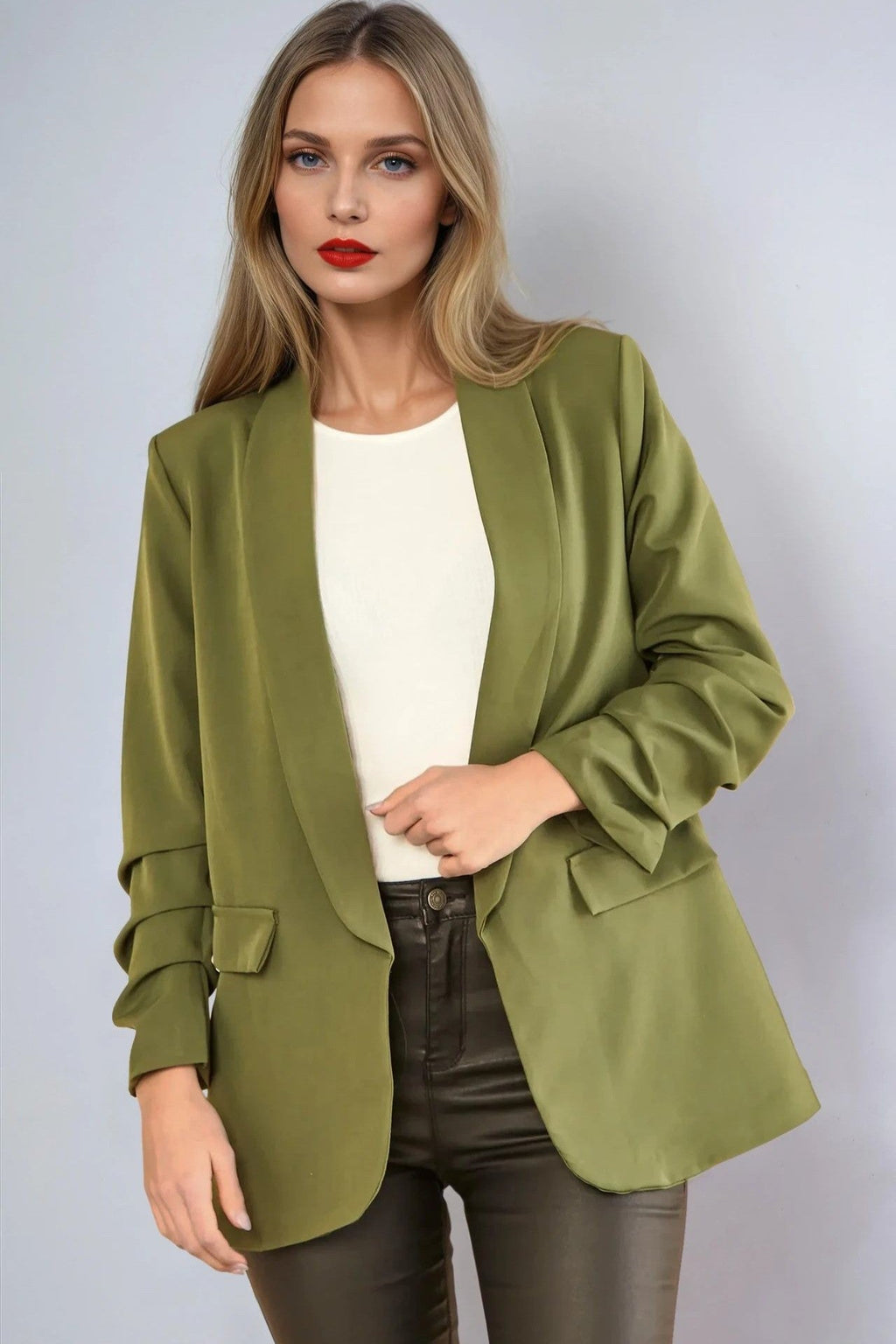 Khaki Blazer with Ruched Sleeves-0