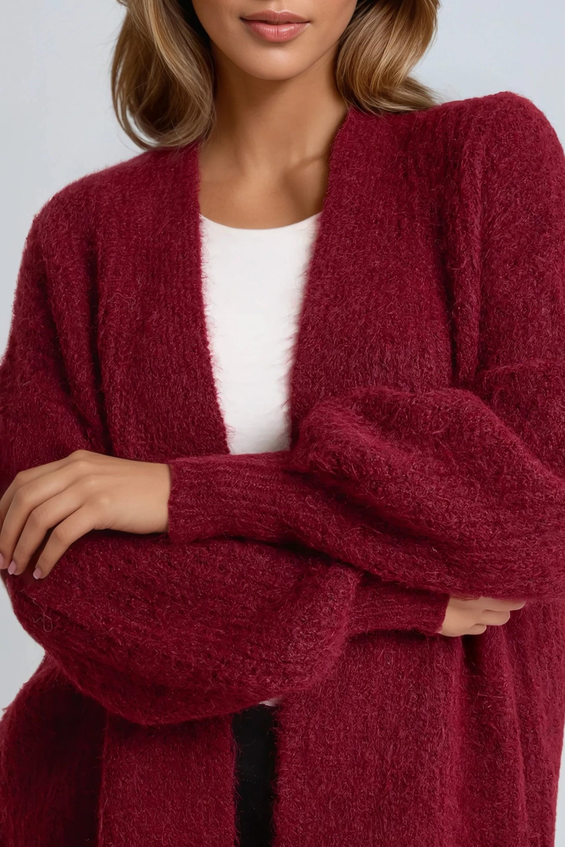 Wine Wool Blend Balloon Sleeve Knitted Cardigan-1