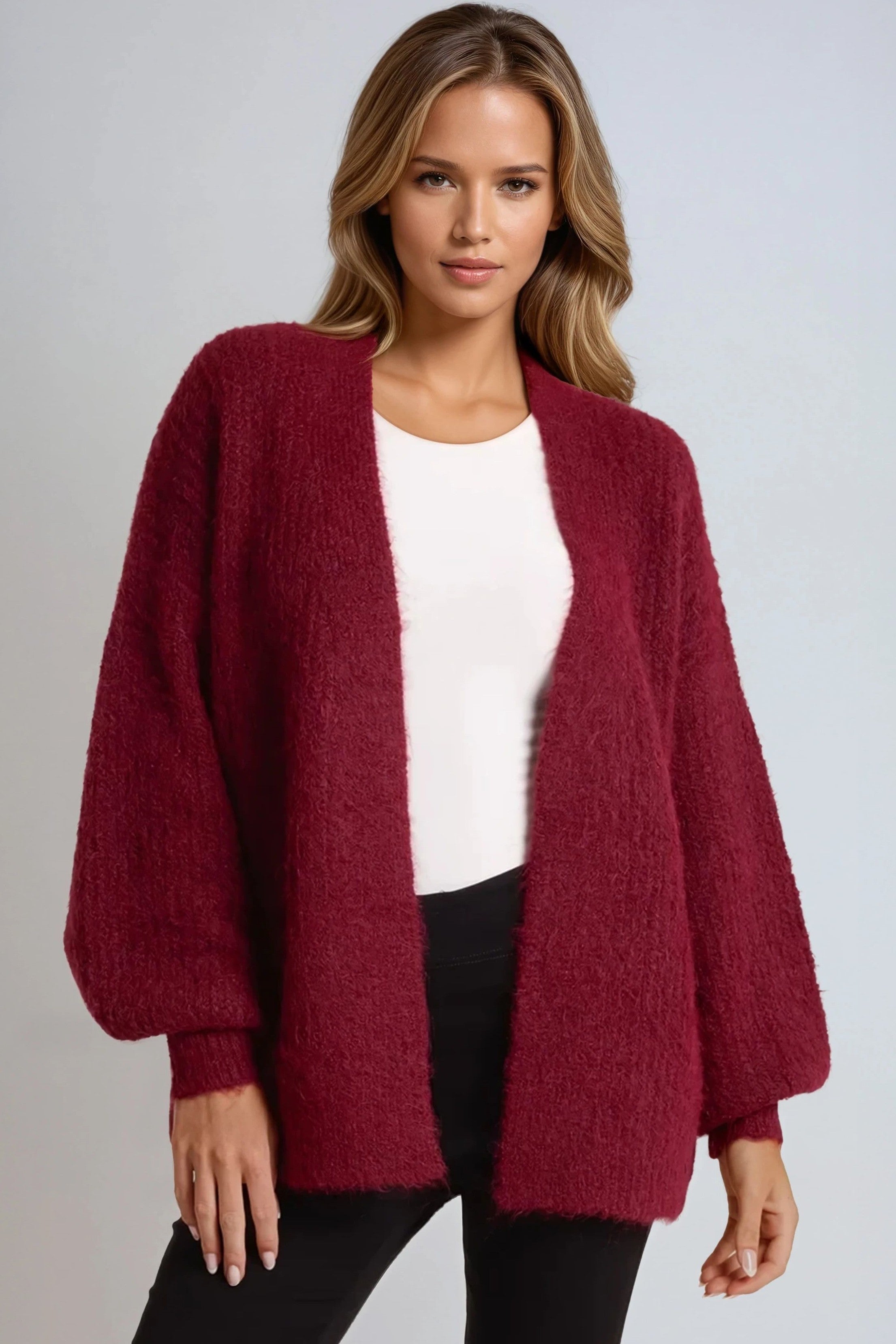 Wine Wool Blend Balloon Sleeve Knitted Cardigan-0