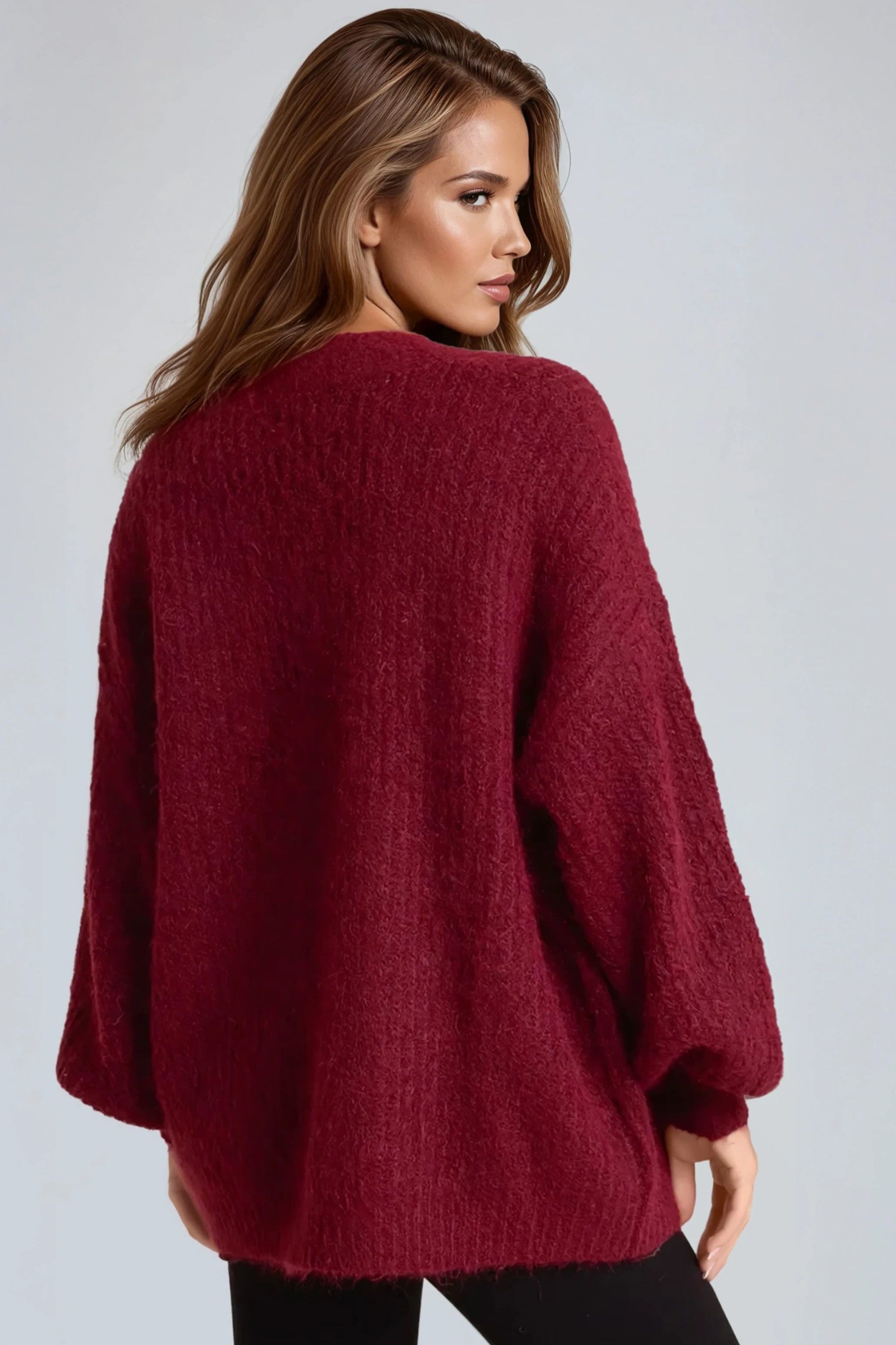 Wine Wool Blend Balloon Sleeve Knitted Cardigan-2
