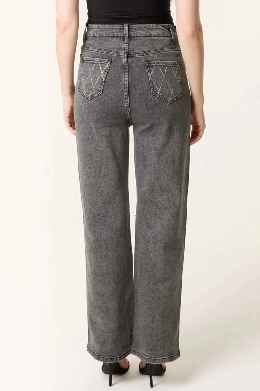 Black Wash Diamond Embellished Straight Leg Jeans-3