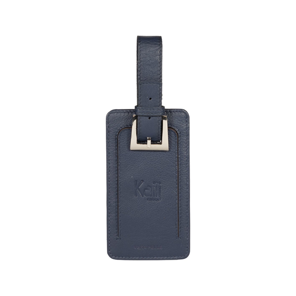 K0006DB | Luggage tag in full-grain genuine leather with a light grain. Color: Blue. Adjustable strap. Dimensions: 12 x 6.5 x 1 cm - Packaging: Rigid gift box with bottom/lid-0
