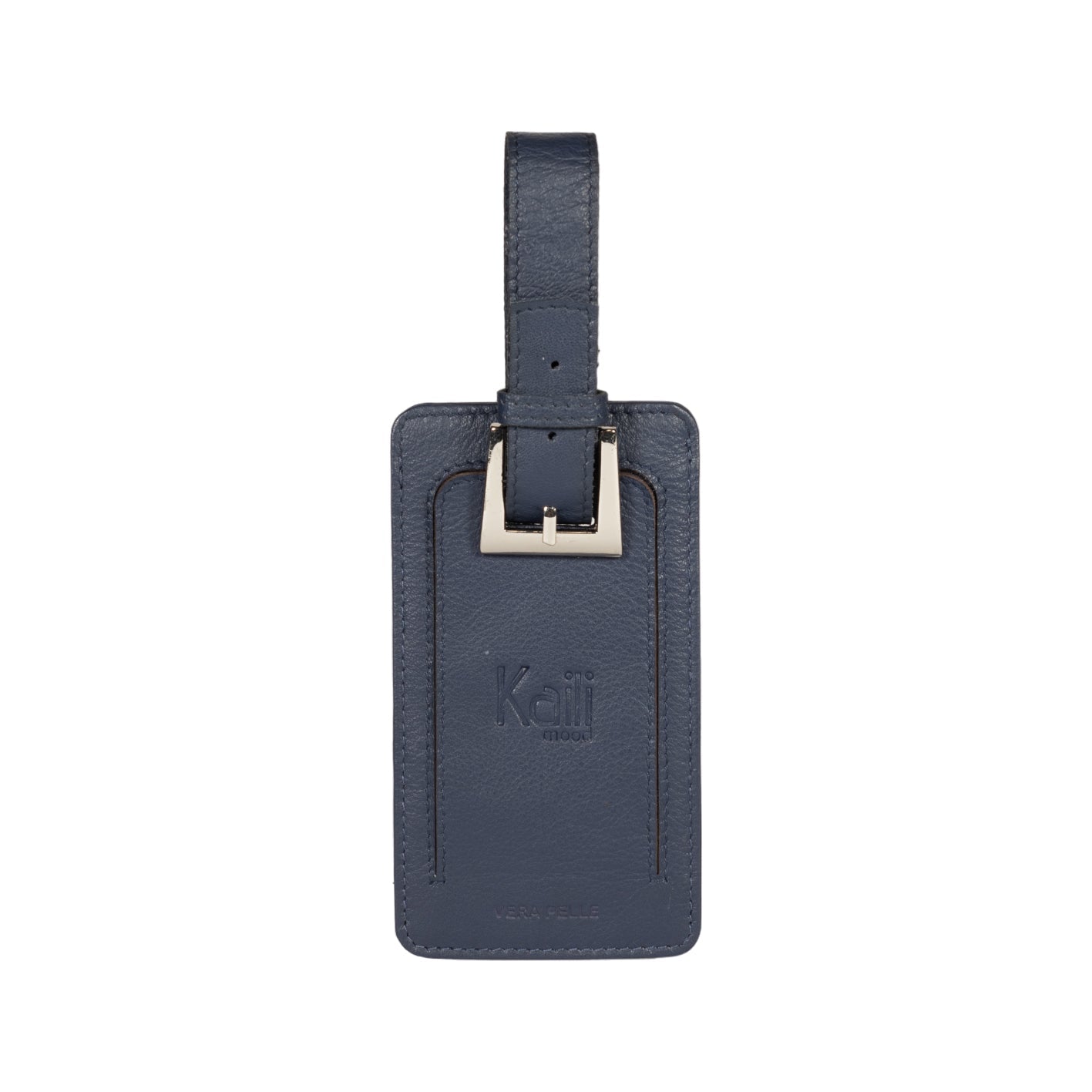 K0006DB | Luggage tag in full-grain genuine leather with a light grain. Color: Blue. Adjustable strap. Dimensions: 12 x 6.5 x 1 cm - Packaging: Rigid gift box with bottom/lid-0
