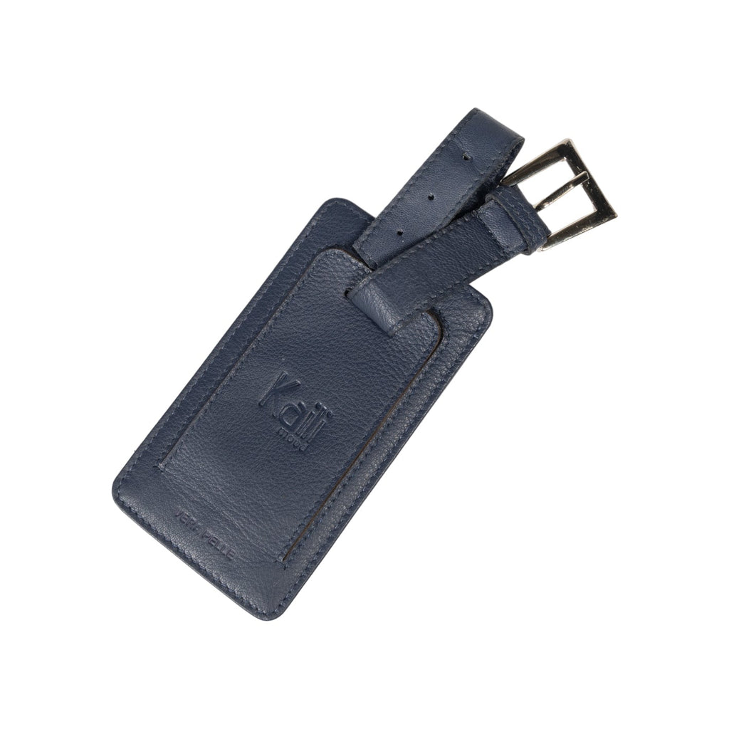 K0006DB | Luggage tag in full-grain genuine leather with a light grain. Color: Blue. Adjustable strap. Dimensions: 12 x 6.5 x 1 cm - Packaging: Rigid gift box with bottom/lid-2