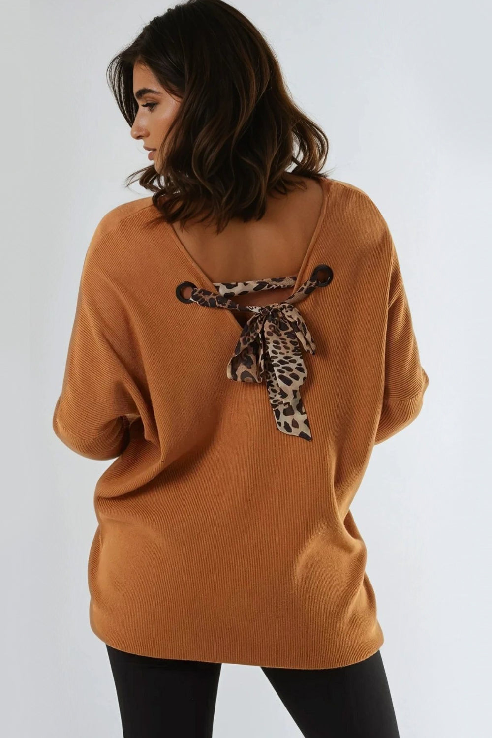 Camel V Neck Jumper With Leopard Bow-1