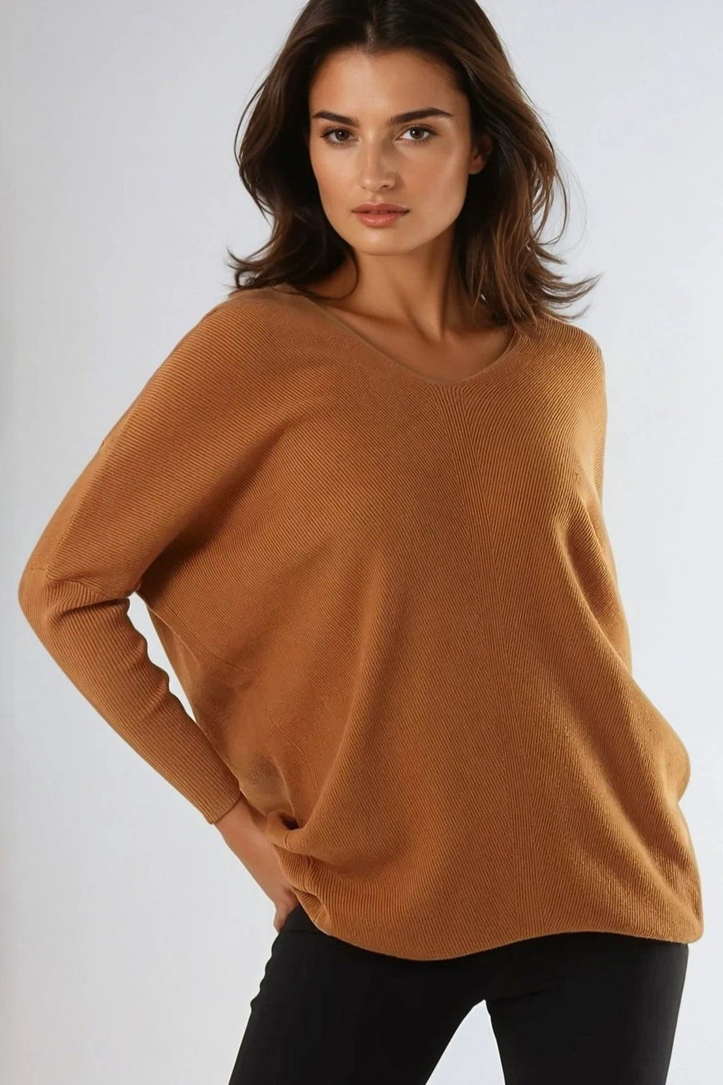 Camel V Neck Jumper With Leopard Bow-0