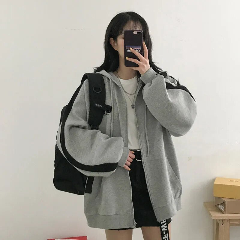 Women Casual Oversized Sweatshirt Female Streetwear Hooded Coats Pocket Loose Zip up Harajuku Hoodies Jacket Female Zipper Cloth-3
