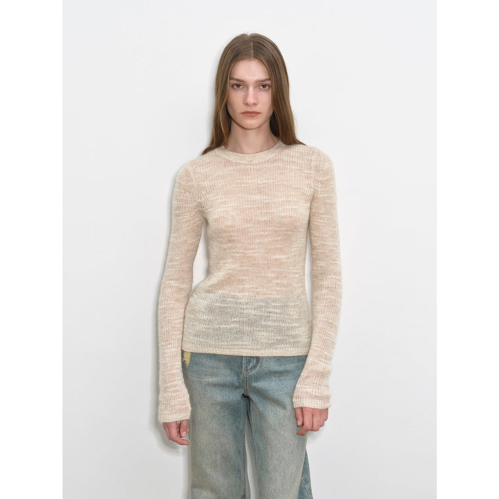 "Lazy Day Essential" Textured Mohair Blend Round Neck Stretch Knit Base Layer for Fall/Winter Women-5