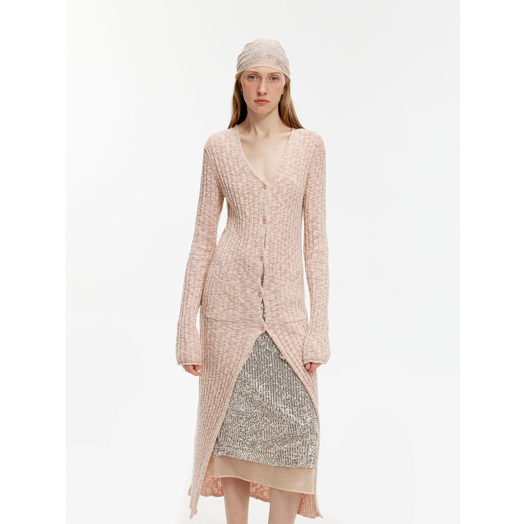 High-end custom cotton and linen fancy yarn V-neck straight long knitted cardigan "Soft Spring Formula"