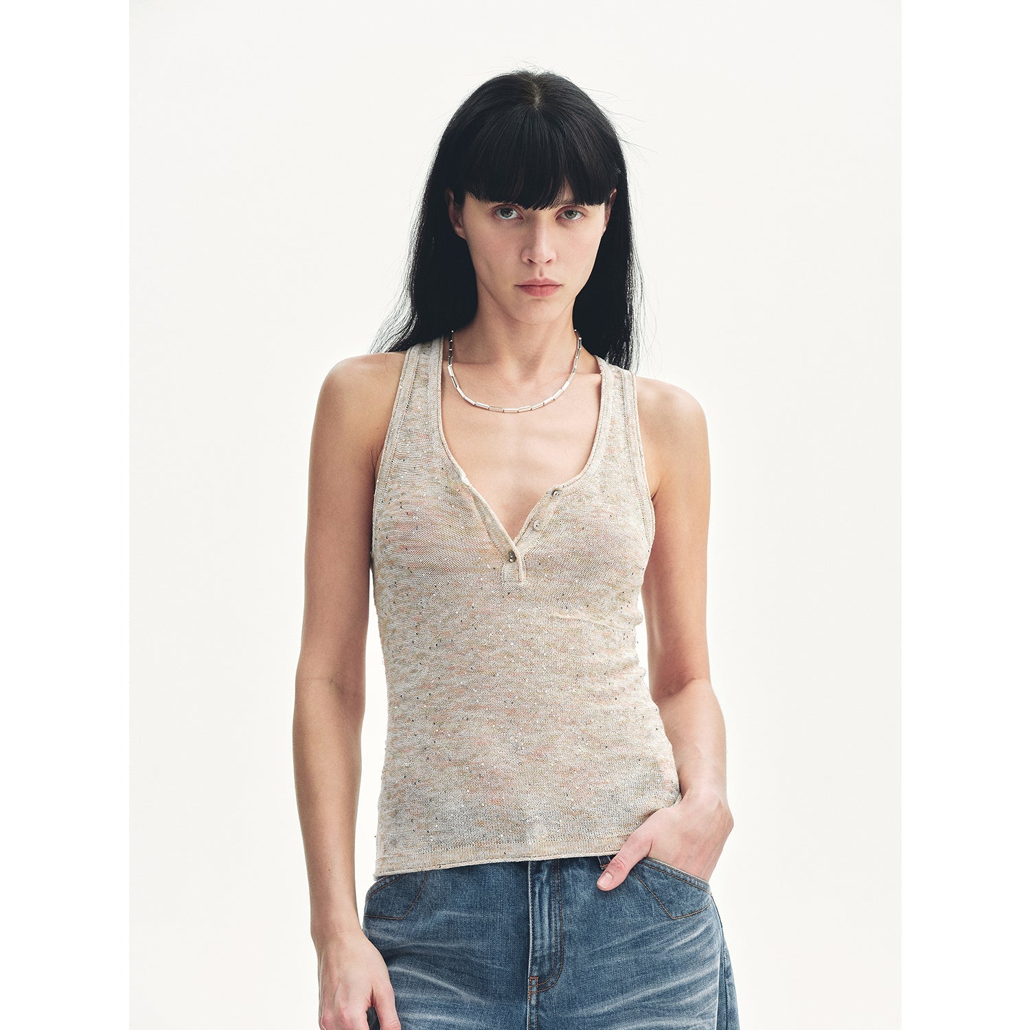 Cotton and Linen Blended Henley Collar Beaded Vest Summer"Summer Night Starry Sky"-6
