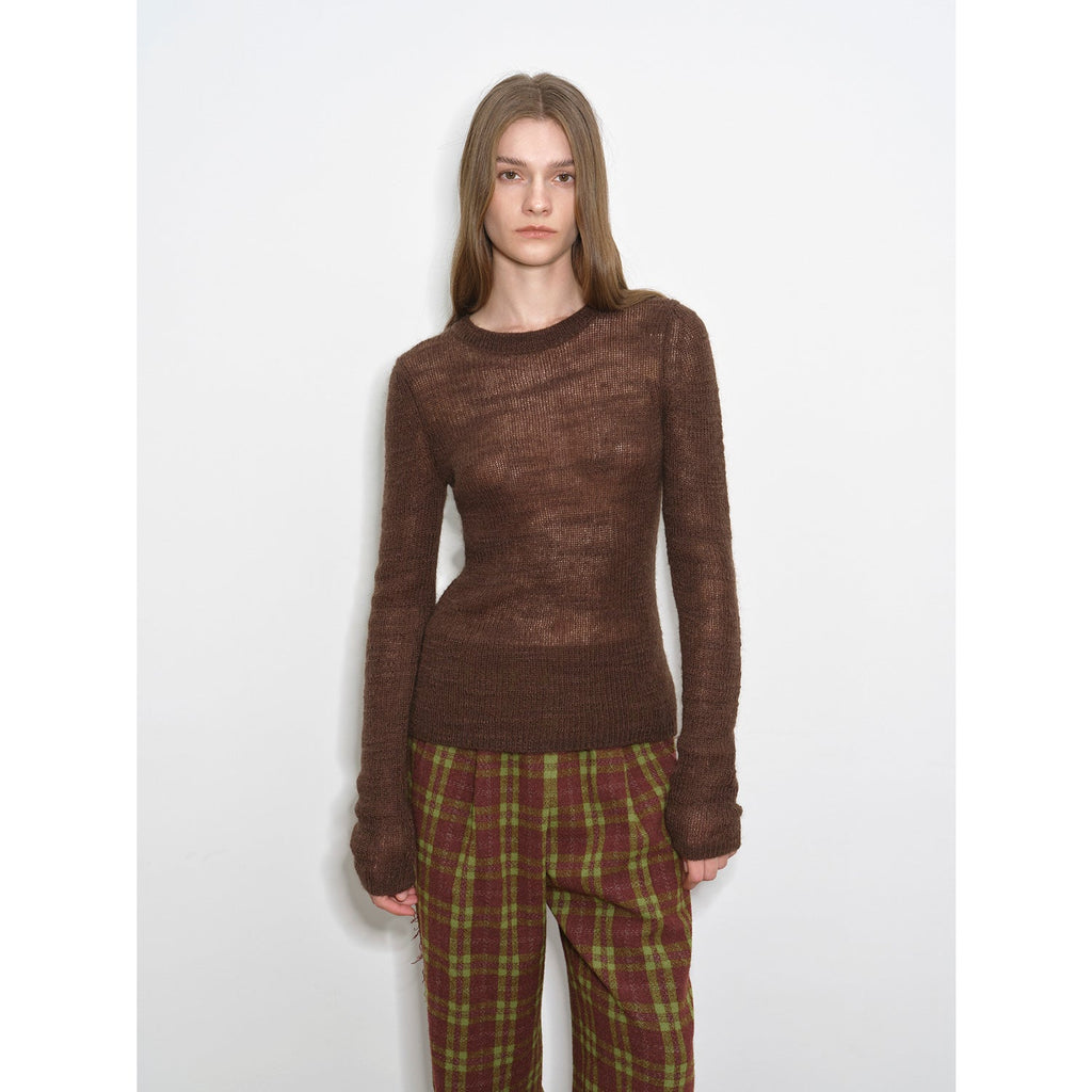 "Lazy Day Essential" Textured Mohair Blend Round Neck Stretch Knit Base Layer for Fall/Winter Women-1