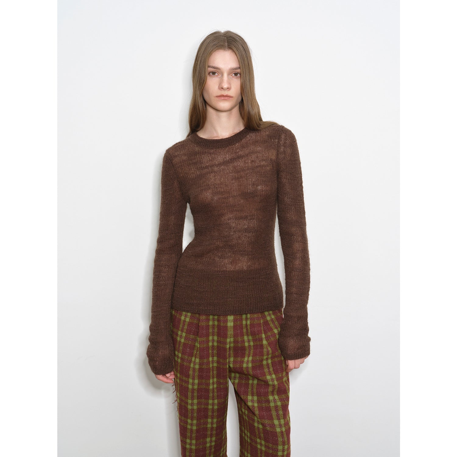 "Lazy Day Essential" Textured Mohair Blend Round Neck Stretch Knit Base Layer for Fall/Winter Women-1