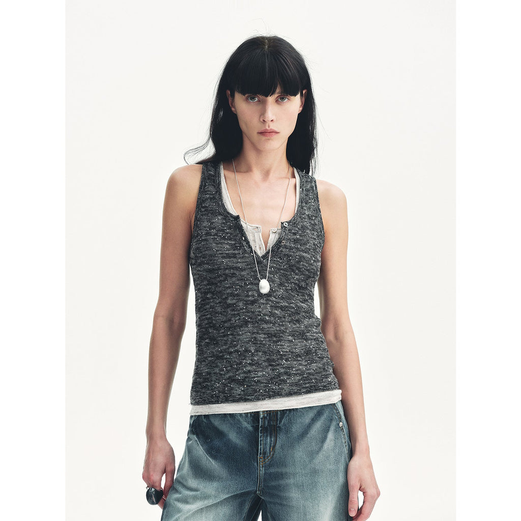 Cotton and Linen Blended Henley Collar Beaded Vest Summer"Summer Night Starry Sky"-5