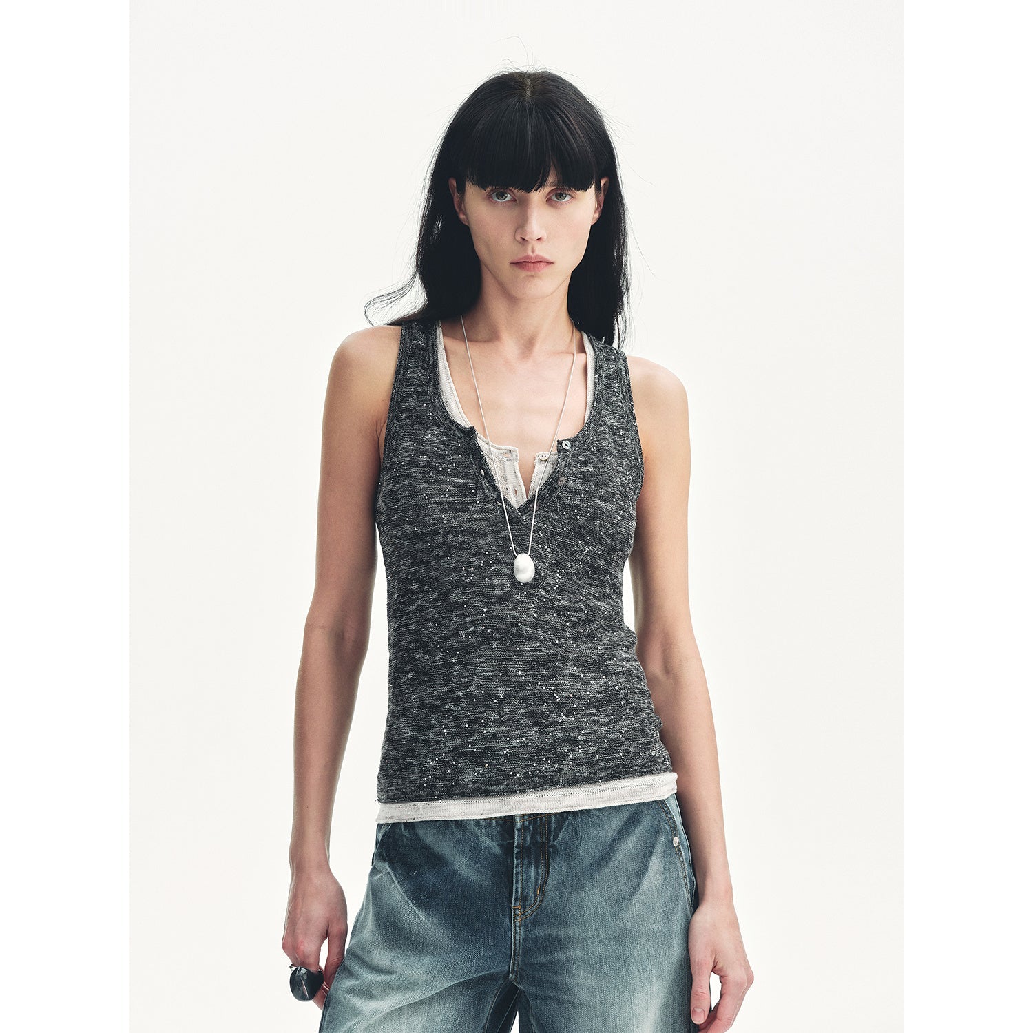 Cotton and Linen Blended Henley Collar Beaded Vest Summer"Summer Night Starry Sky"-5