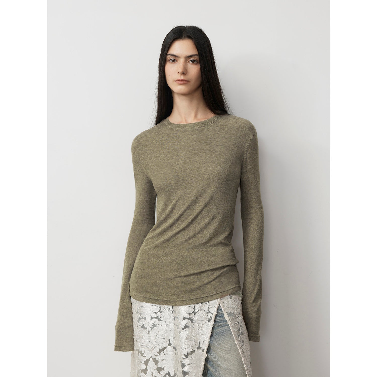 Lyocell wool stretch comfortable breathable fit minimalist solid color long-sleeved T-shirt