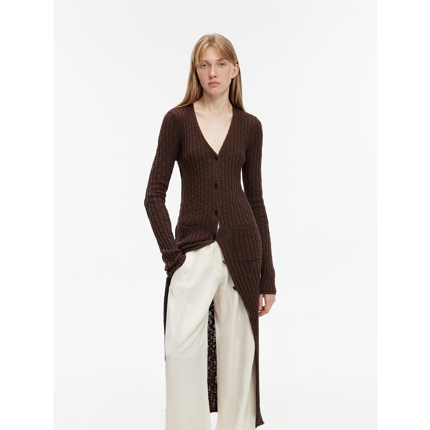 High-end custom cotton and linen fancy yarn V-neck straight long knitted cardigan "Soft Spring Formula"