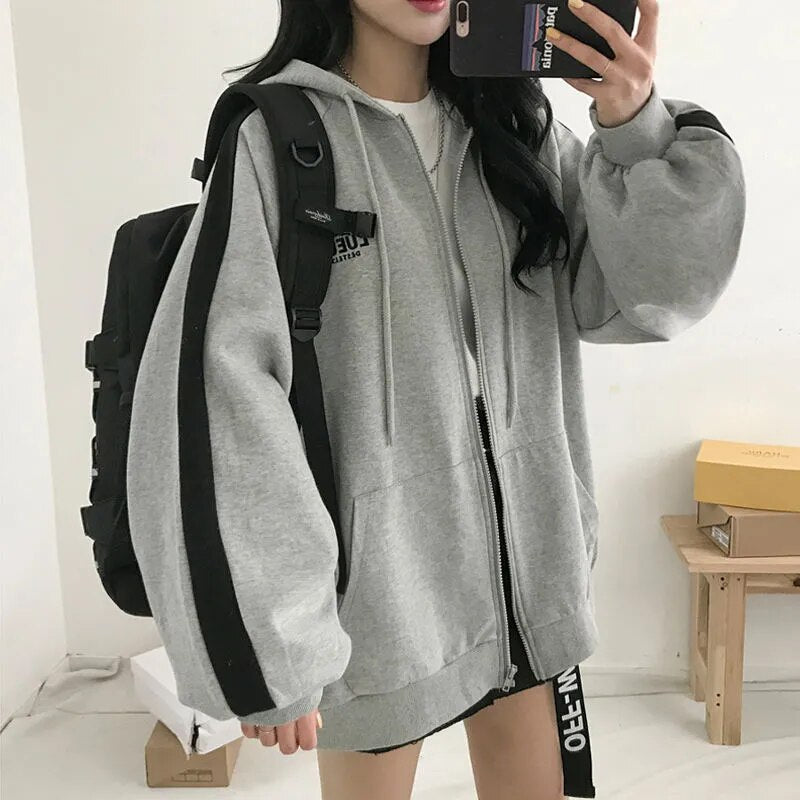 Women Casual Oversized Sweatshirt Female Streetwear Hooded Coats Pocket Loose Zip up Harajuku Hoodies Jacket Female Zipper Cloth-2