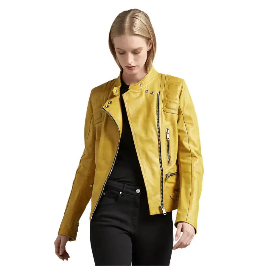 Women's Bright Yellow Leather Biker Jacket-1