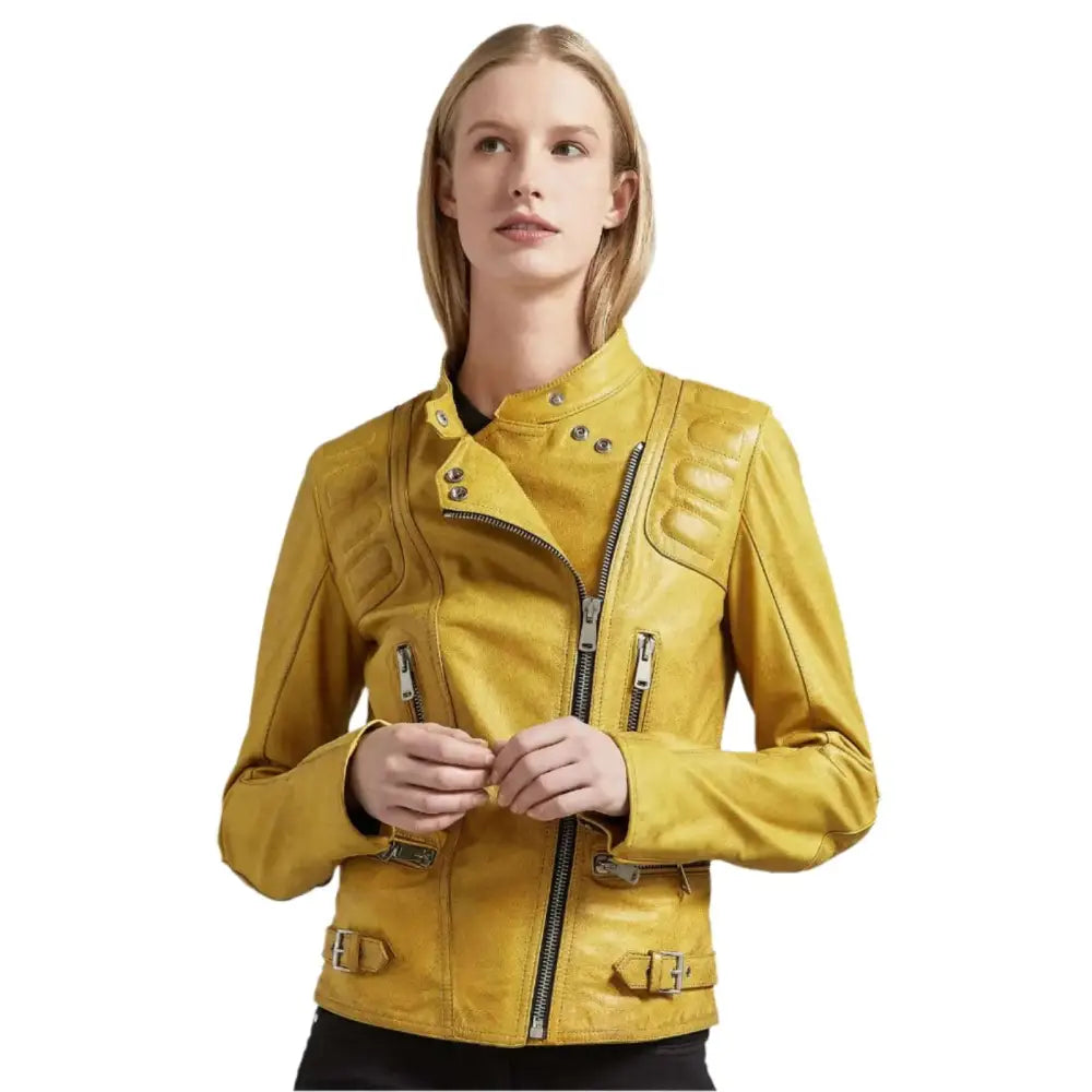 Women's Bright Yellow Leather Biker Jacket-0