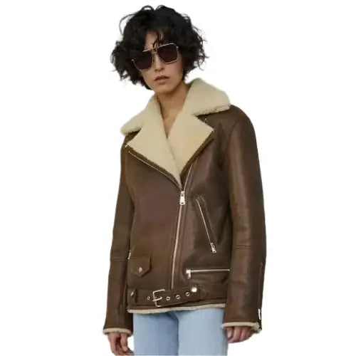 Women's Brown Sheepskin Shearling Aviator Jacket-1