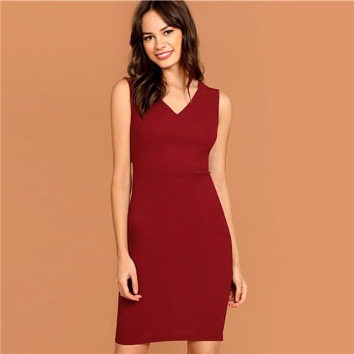 Burgundy Plunging Neck Pencil Dress Solid Sleeveless V Neck Bodycon Dress Elegant Party Autumn Modern Lady Women Dresses-0